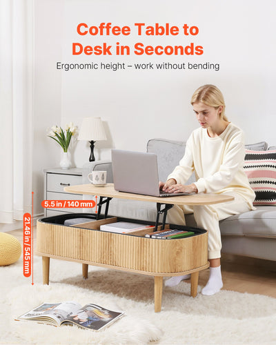 39.4 In Lift Top Coffee Table, Fluted Oval Coffee Table With 3 Hidden Compartment, Mid Century Wooden Oval Center Desk With Storage, Lift Up Tabletop For Home & Office, Easy Assembly, Burlywood