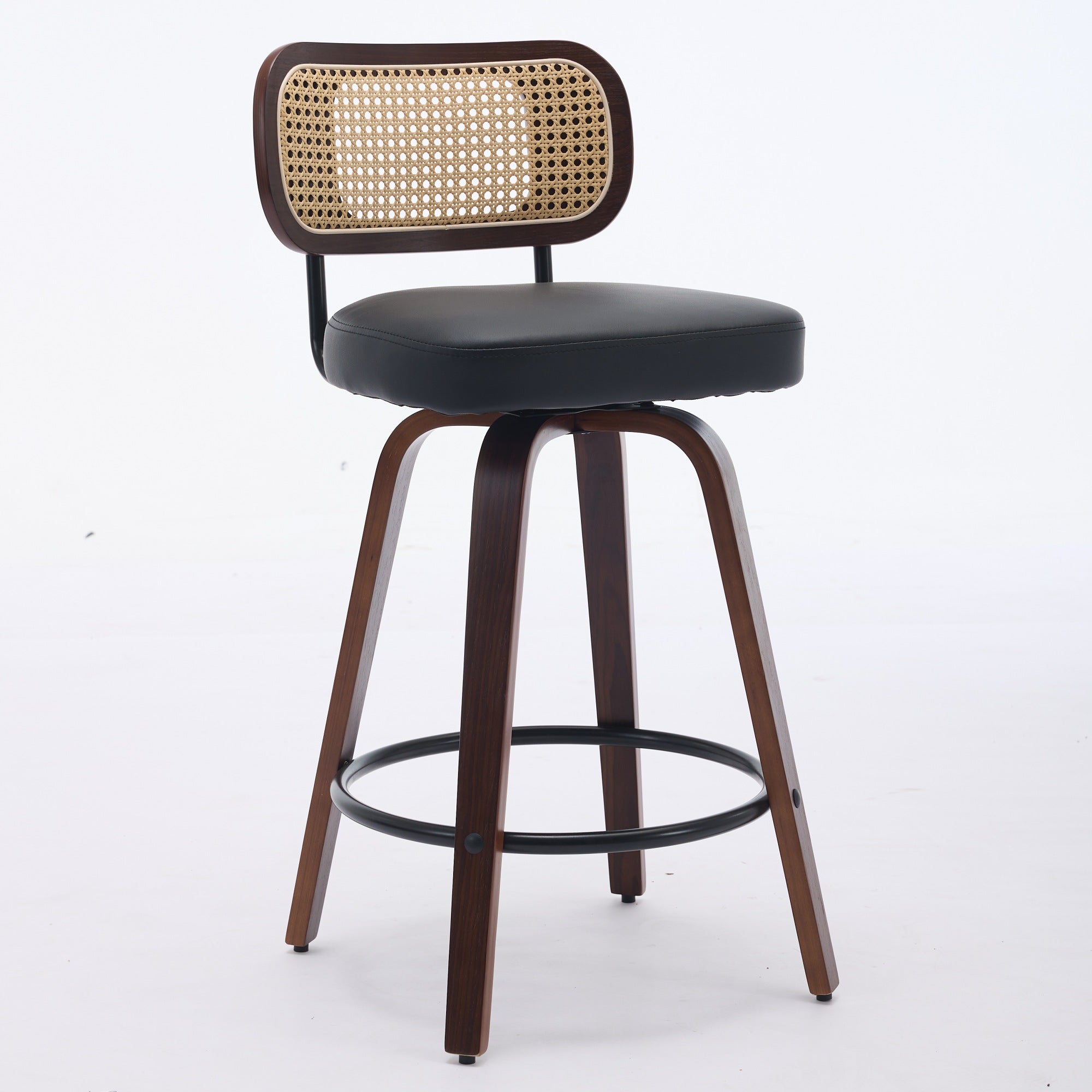 Set Of 2 Counter Height Bar Stools - 26 Inch Rattan Counter Height Stools With Cane Back, Upholstered Seat, Walnut Craft
