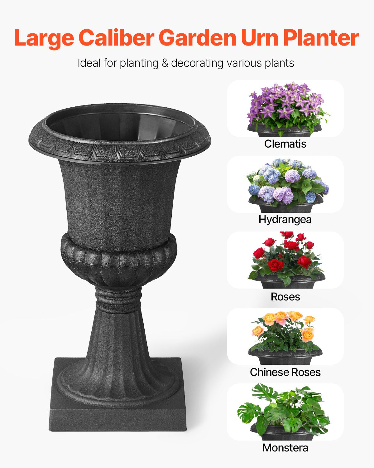 Plastic Urn Planters, 9.8 X 16.5 Inch, 2 Pack Black Classic Flower Pots Front Porch Planters, Indoor & Outdoor Vase For
