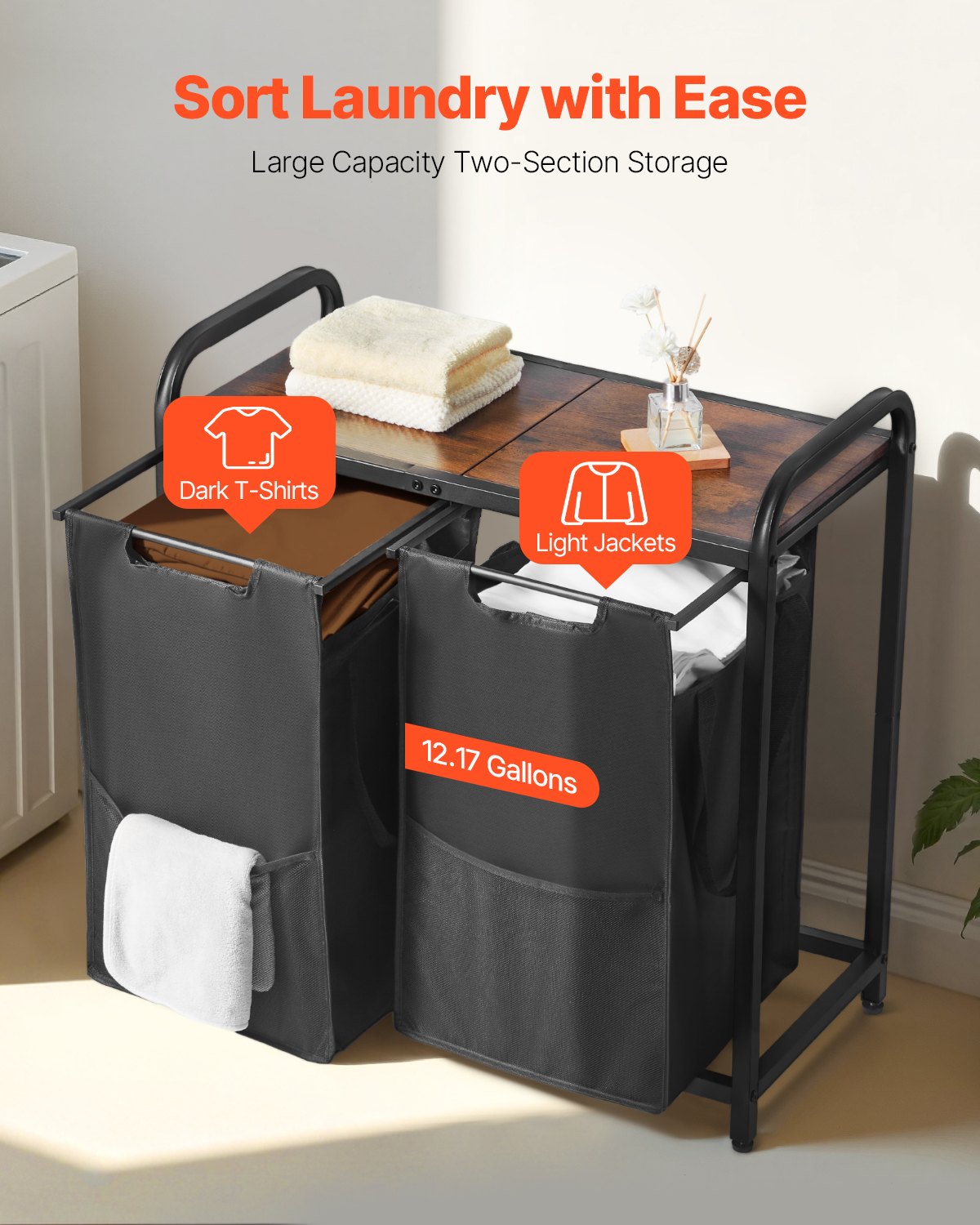 2 Section Laundry Sorter, Large Laundry Hamper With Metal Frame And Wooden Tabletop, Freestanding Storage Organizer Bask