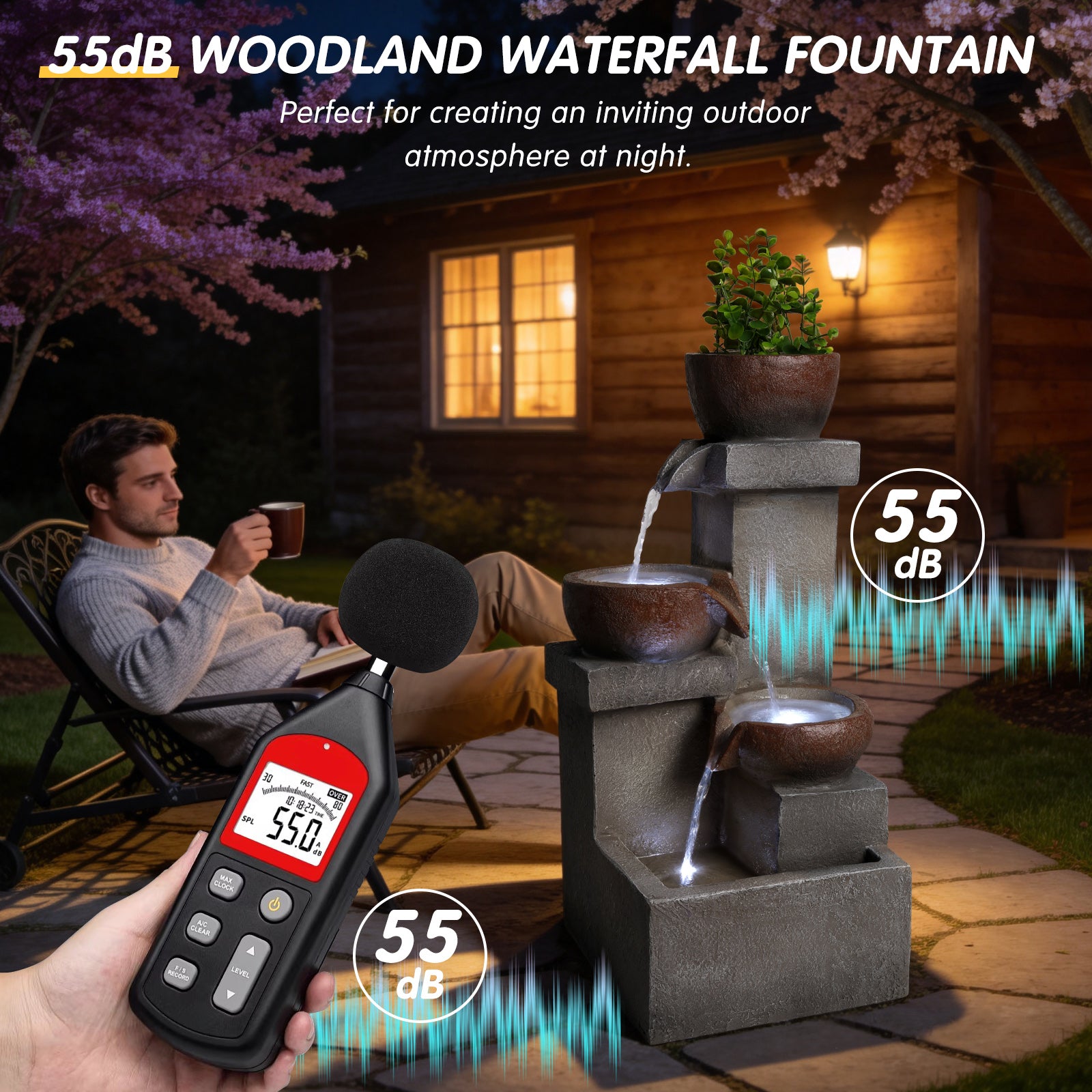 Outdoor Water Fountain Tiered Cascading Jar Waterfall Resin Garden Patio Decor With LED Lights