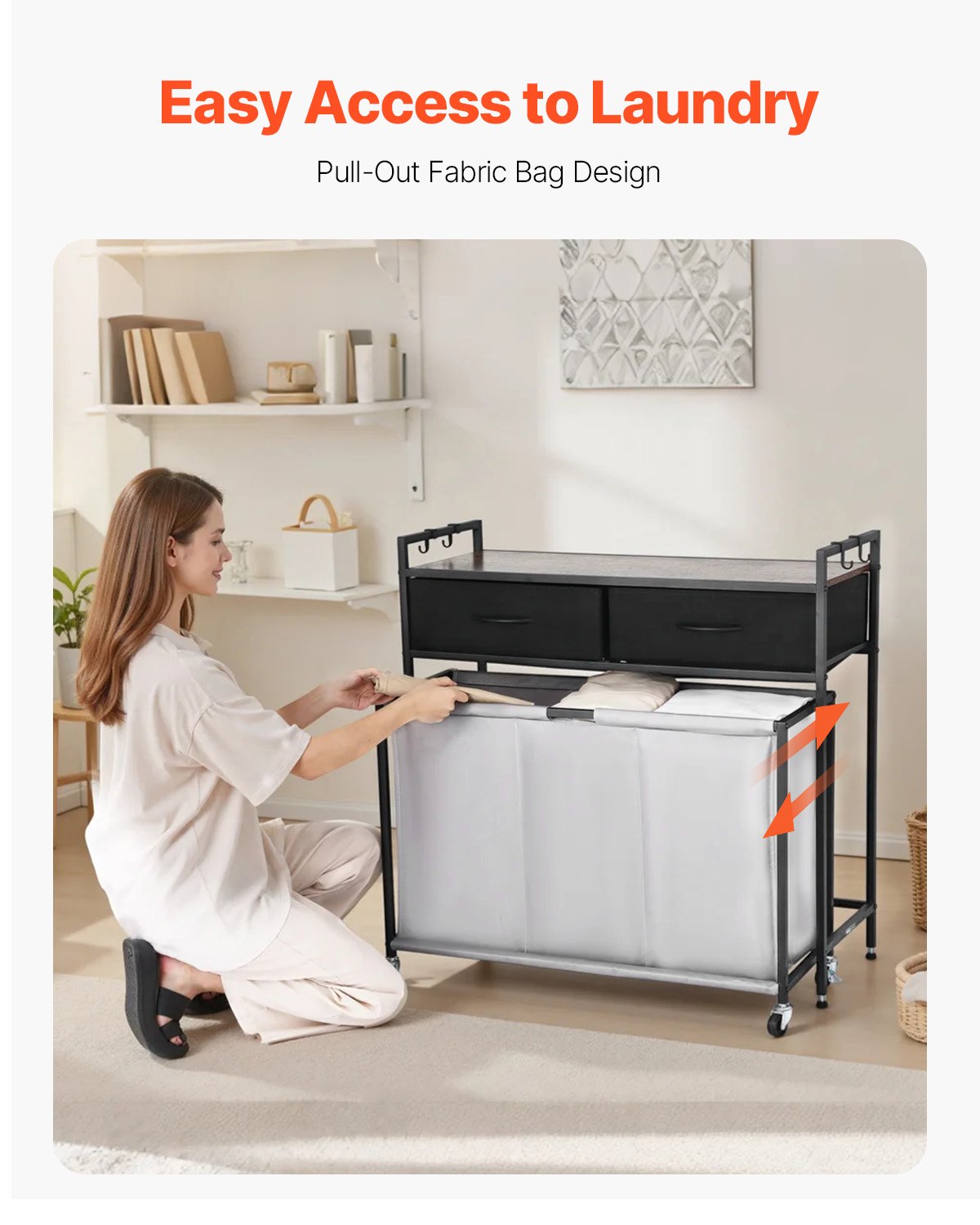 3 Section Laundry Sorter, Rolling Laundry Hamper With 2 Drawers, Hooks & Wheels, Rolling Basket Organizer Storage With P
