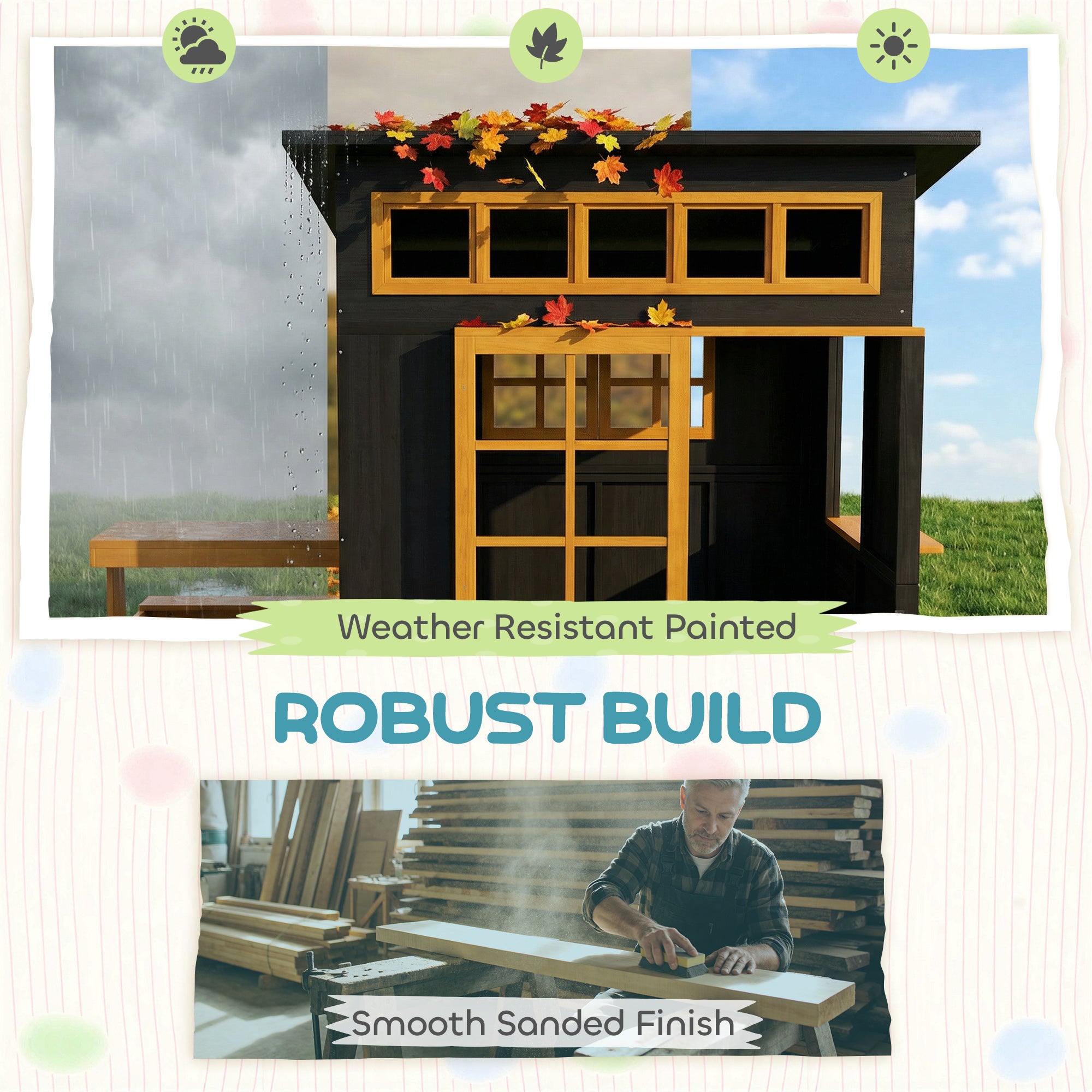 Outdoor Playhouse, Wooden Kids Playhouse W/ Picnic Table & Benches