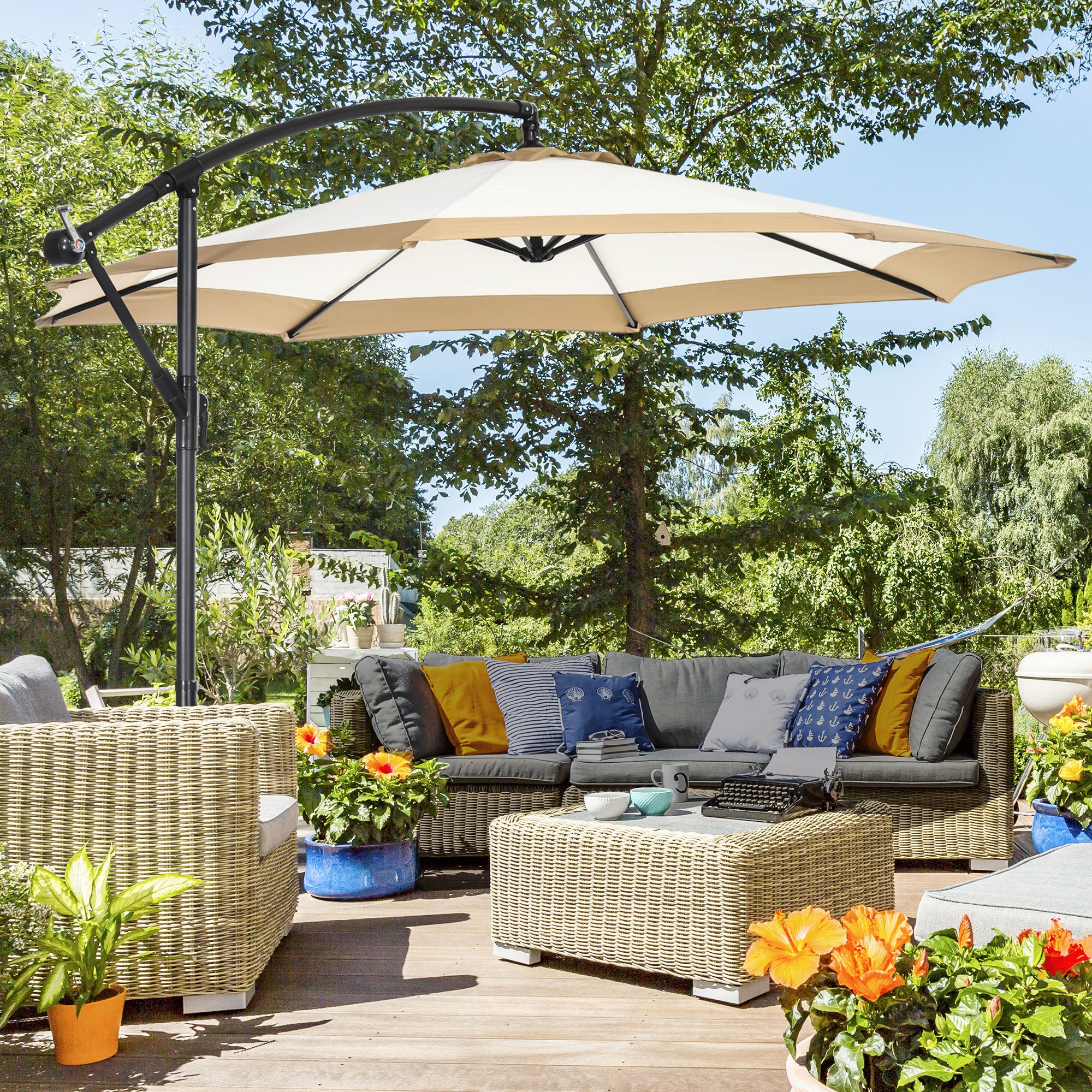 10FT Cantilever Umbrella, Offset Patio Umbrella With Crank And Cross Base For Deck, Backyard, Pool And Garden, Hanging U