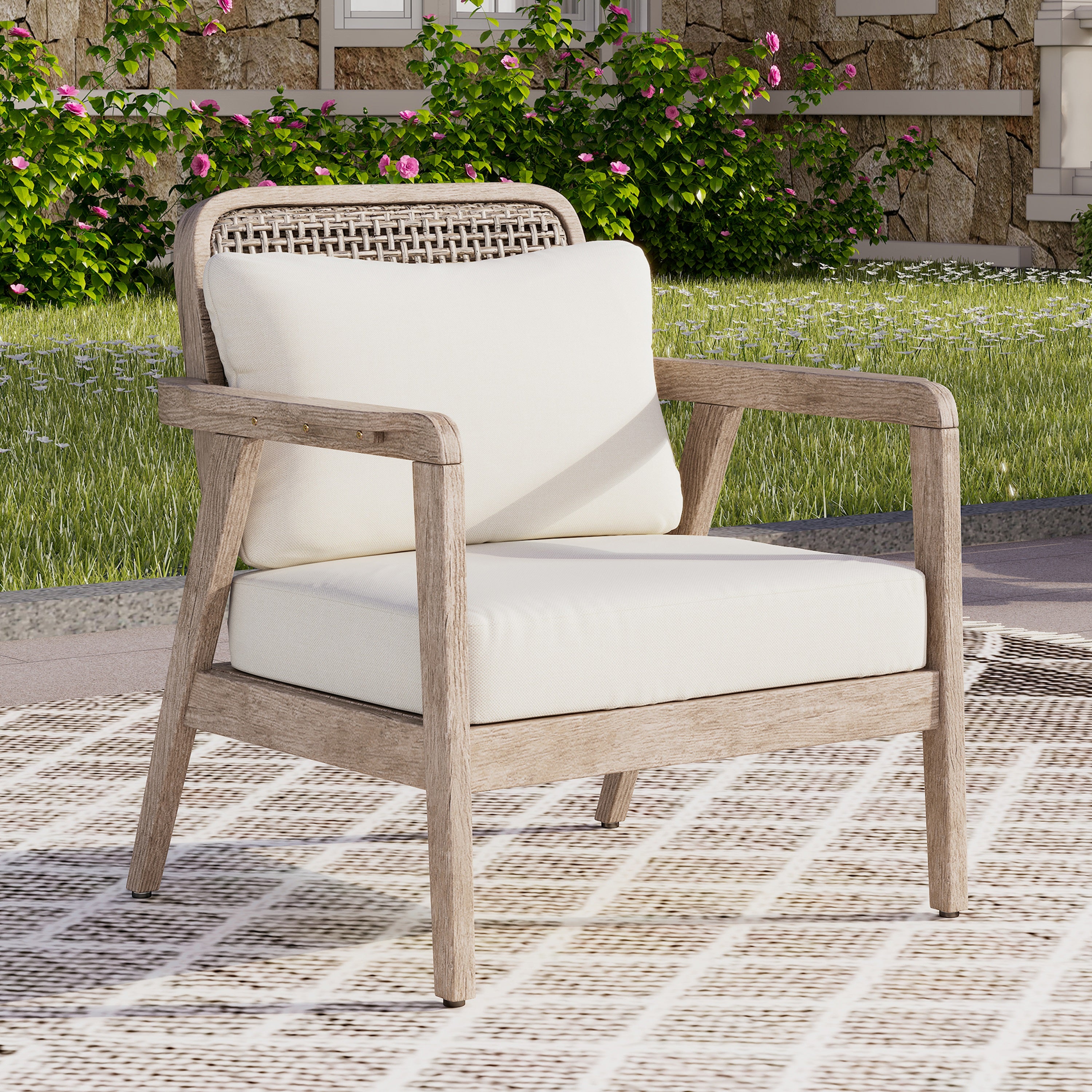 Outdoor Acacia Wood Patio Club Chair, Patio Furniture,Waterproof Thick Cushion Deep Seating For Porch, Garden, Backyard,