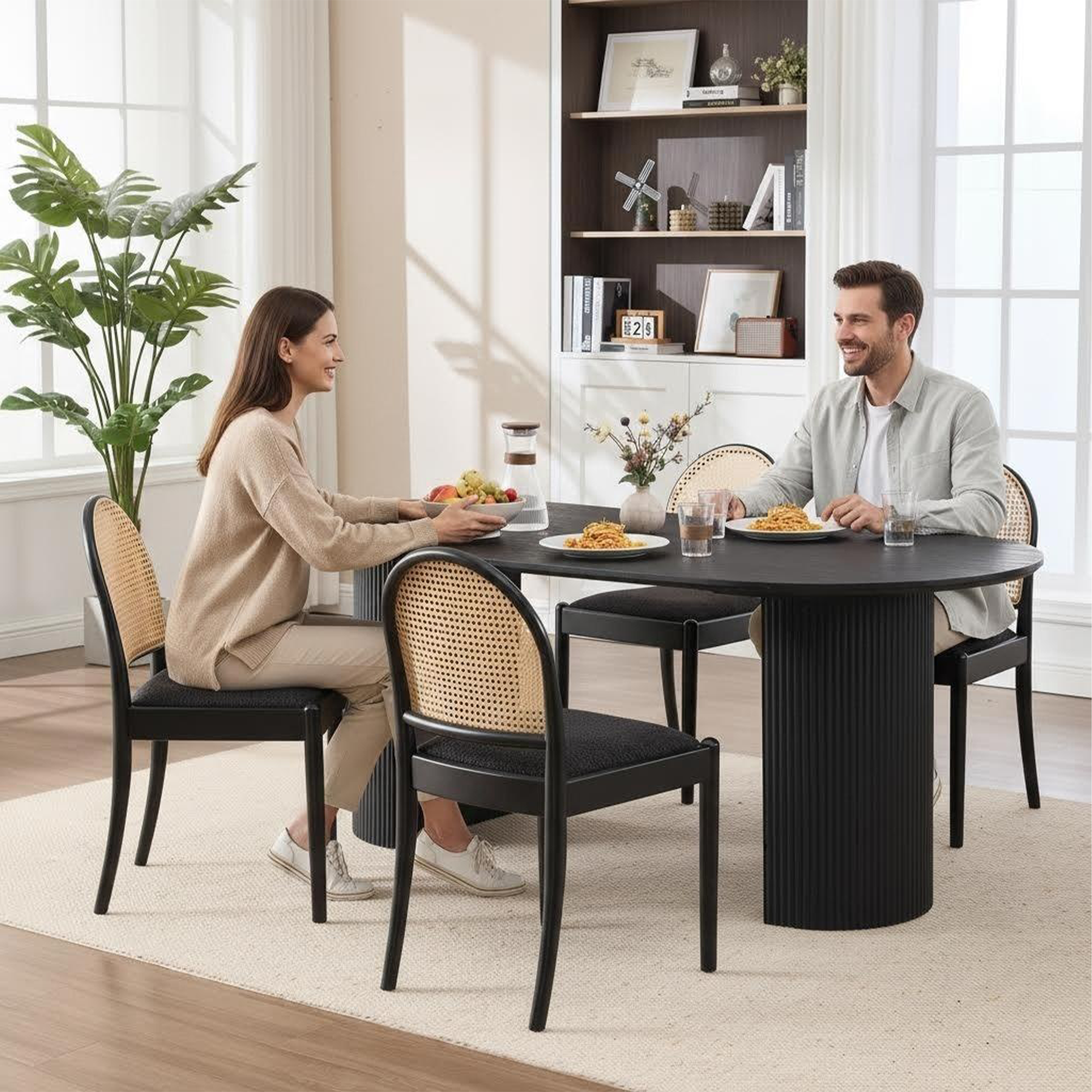 Rattan Dining Chairs Set of 2, Upholstered Linen Dining Room Chairs with Backrests, Modern Kitchen Chairs with Wood Legs