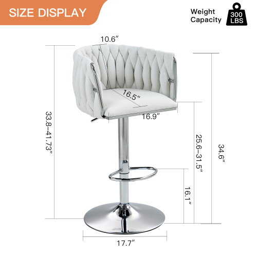360 Fabric Cover Swivel Bar Stools Set Of 2, Adjustable Counter Height Bar Chairs With Woven Back & Footrest, Silver Chr