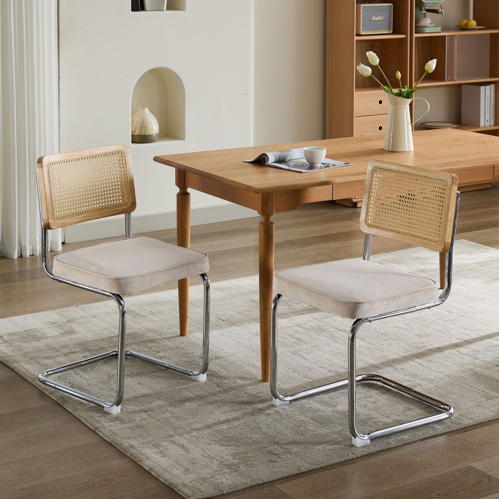 Mid Century Modern Dining Chairs Set Of 2, Velvet Accent Chairs With Natural Cane Back & Stainless Chrome Base, Famous B