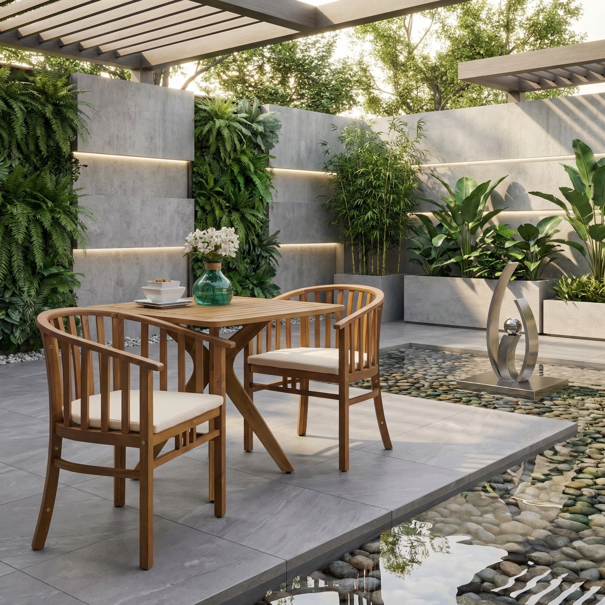Outdoor Wooden Dining Chairs With Cushions, Set Of 2, Cream, Teak Finish