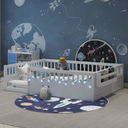 Full Montessori Floor Bed Frame With High Rails, Wood Kids Floor Beds With Light And Storage Shelf, White Expect Arrival