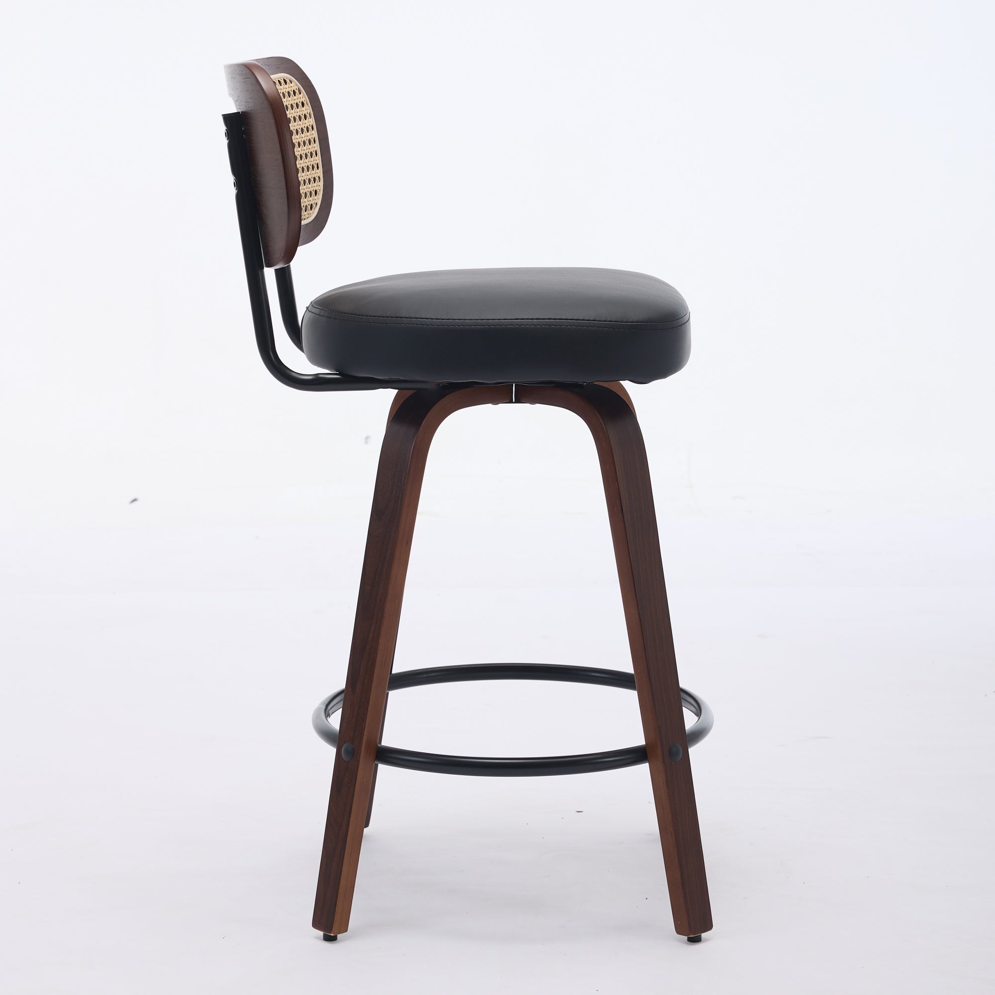 Set Of 2 Counter Height Bar Stools - 26 Inch Rattan Counter Height Stools With Cane Back, Upholstered Seat, Walnut Craft