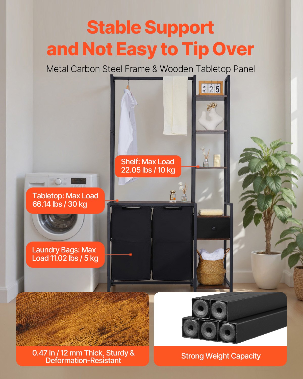 3 Tiers Laundry Sorter With Rack, Tall Laundry Hamper With Shelves And Drawers, 2 Section Freestanding Hanging Rack Stor