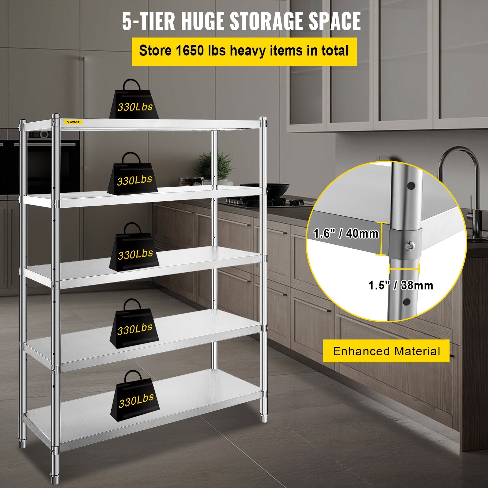 Stainless Steel Shelves 48x18.5 Inch 5 Tier Adjustable Shelf Storage Unit Stainless Steel Rack Shelving Heavy Duty Shelv