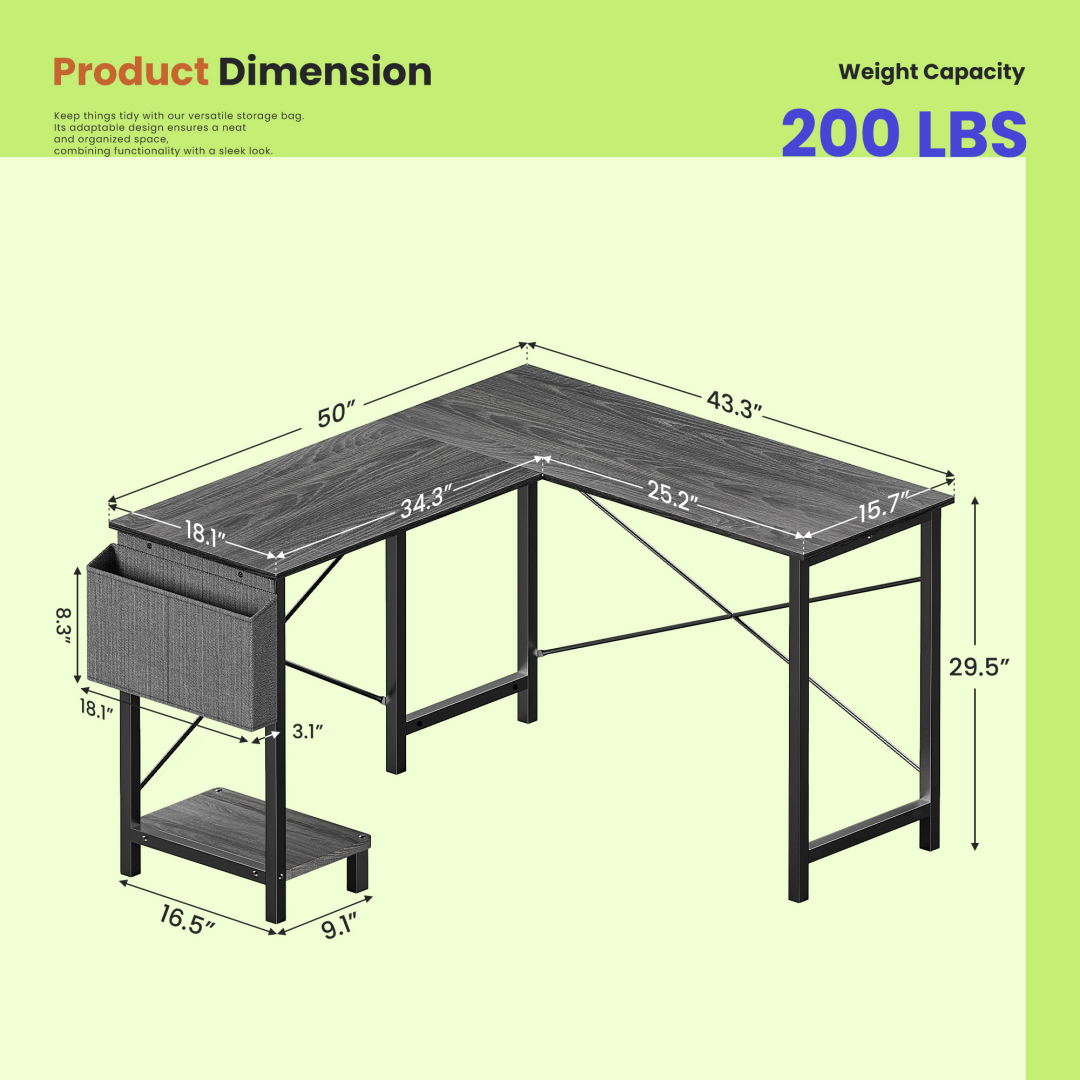 49-Inch L Shaped Desk - Computer Desk Corner Desks Gaming Desk PC Table, With CPU Stand Side Bag For Home Office Dorm St
