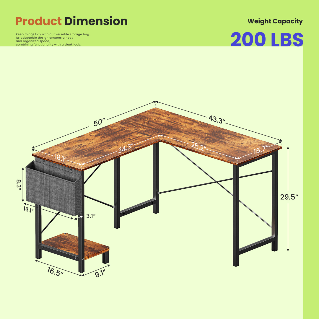 49-Inch L Shaped Desk - Computer Desk Corner Desks Gaming Desk PC Table, With CPU Stand Side Bag For Home Office Dorm St