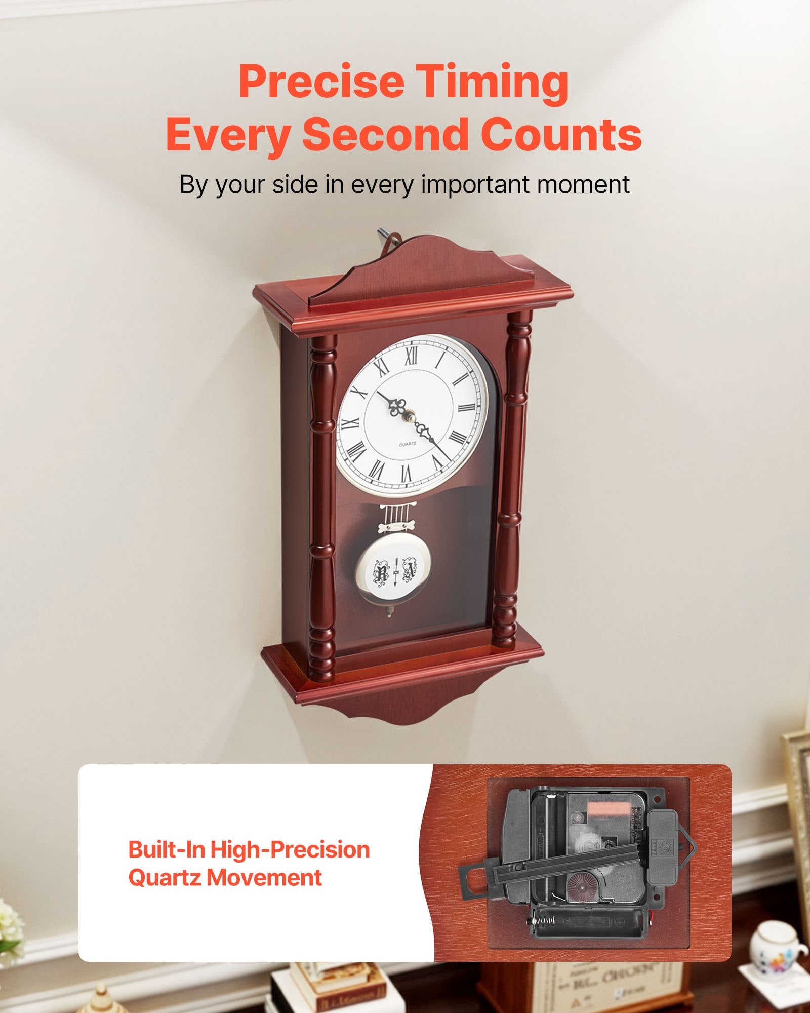 Grandfather Clock, 18 In Classic Vintage Pendulum Clock, Pine Wood & MDF Wall Clocks With Quartz Movement And Quiet Desi