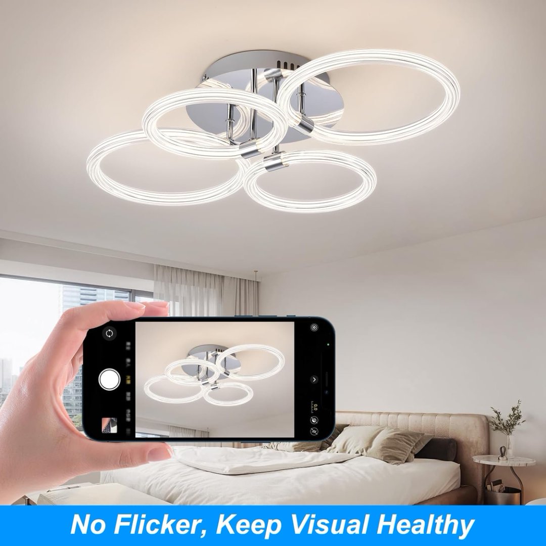 Modern LED Ceiling Light, Flush Mount Ceiling Light With Dimmable Remote Control, 6Rings Acrylic Ceiling Light Fixture F