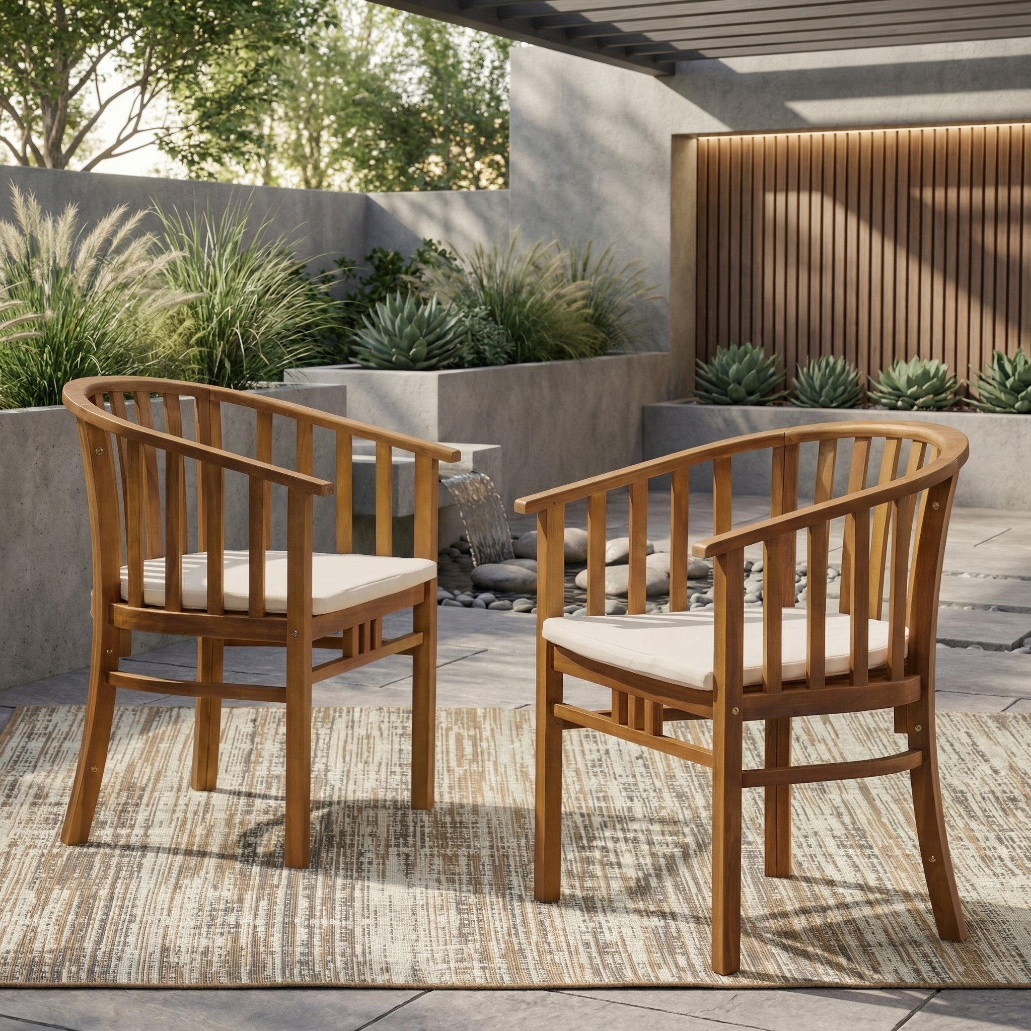 Outdoor Wooden Dining Chairs With Cushions, Set Of 2, Cream, Teak Finish