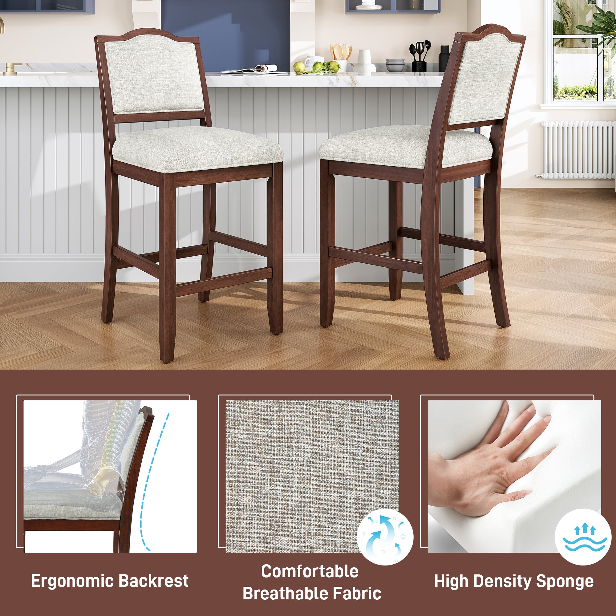 Counter Height Bar Stools Set Of 2 - Rustic 2 Pack Bar Stools With Rubber Wood Frame, Ergonomic Backrest, Versatile For