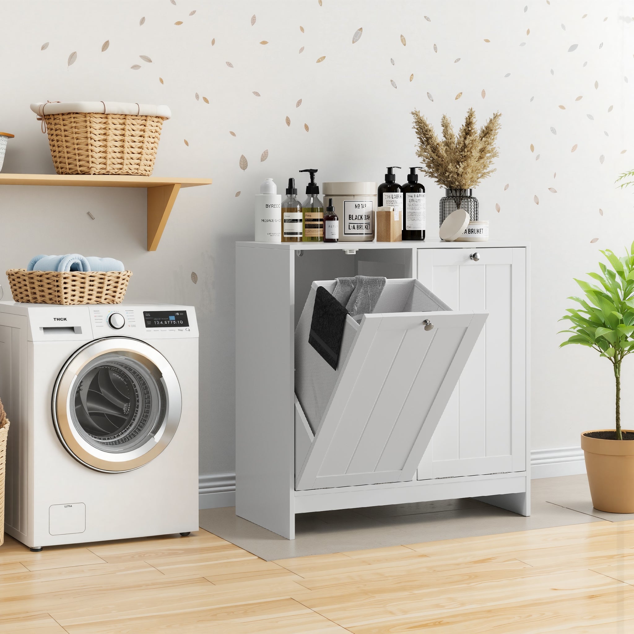 Tilted Laundry Hamper With Removable Basket, Hidden Laundry Hamper, Bathroom Laundry Hamper Storage Cabinet, Free-Standi