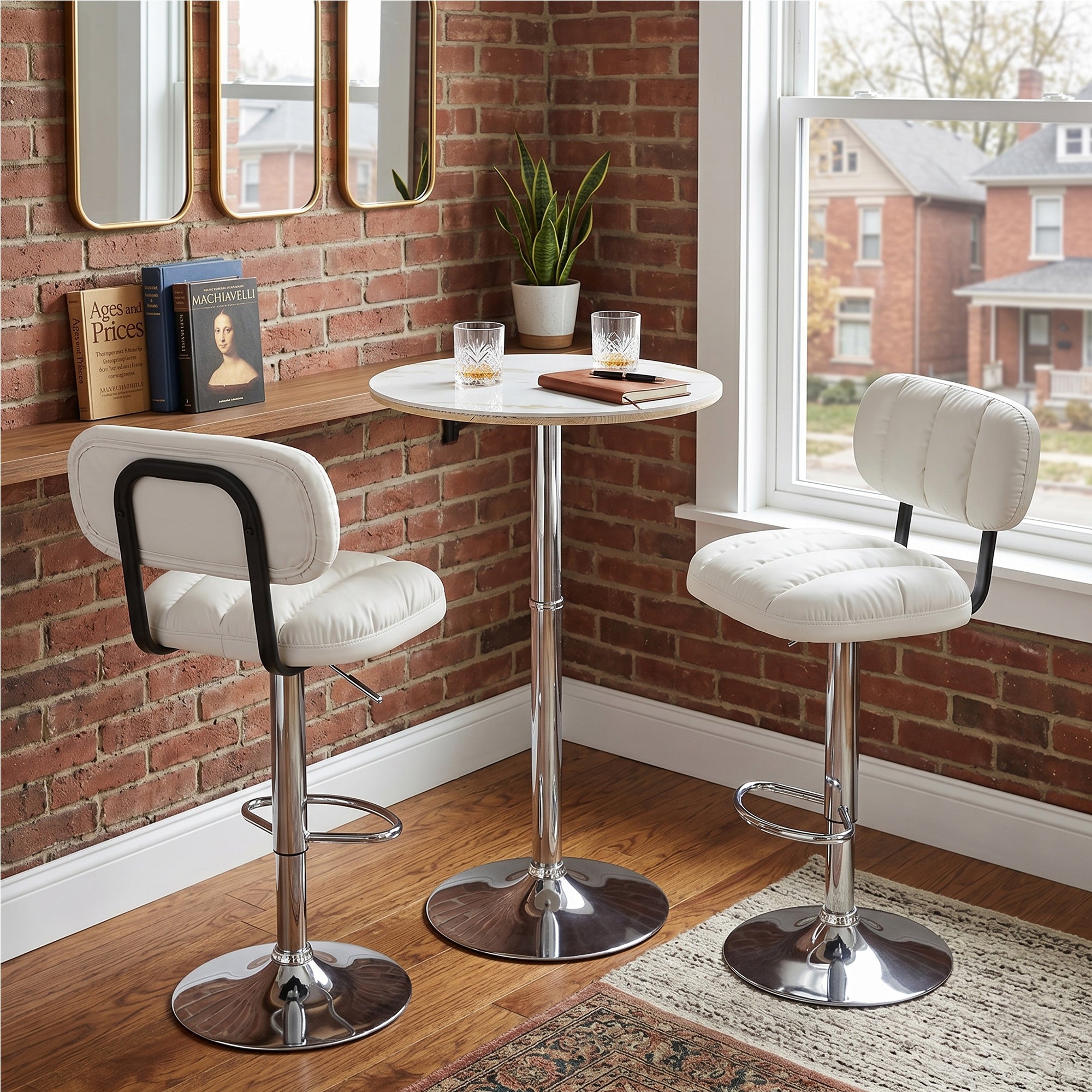 Set Of 2 Adjustable Height Bar Stools, White PU Leather Upholstered With Chrome Base & Footrest, Modern Comfort Stools F