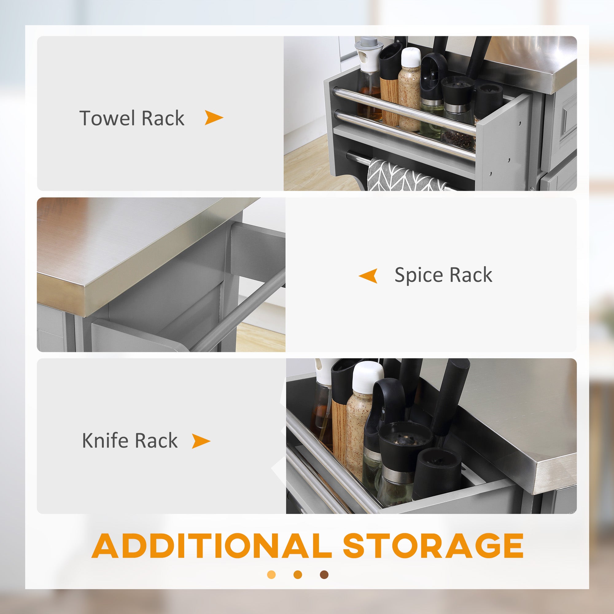 Rolling Kitchen Island Cart with 47" Stainless Steel Top