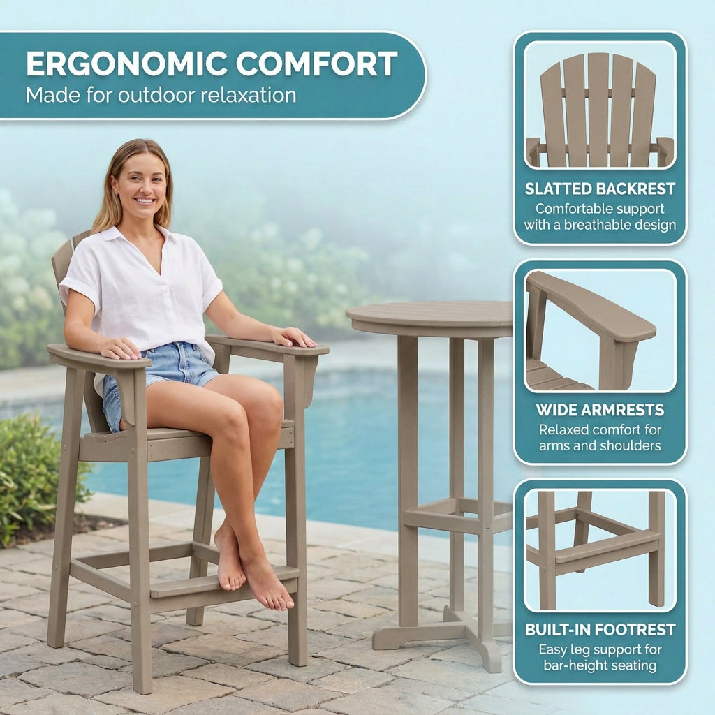 3-Piece Antique Wood HDPE Indoor Outdoor Bar Height Bistro Set, 31.1  Round Pub Table With 2 Bar Stools, All-Weather Pat