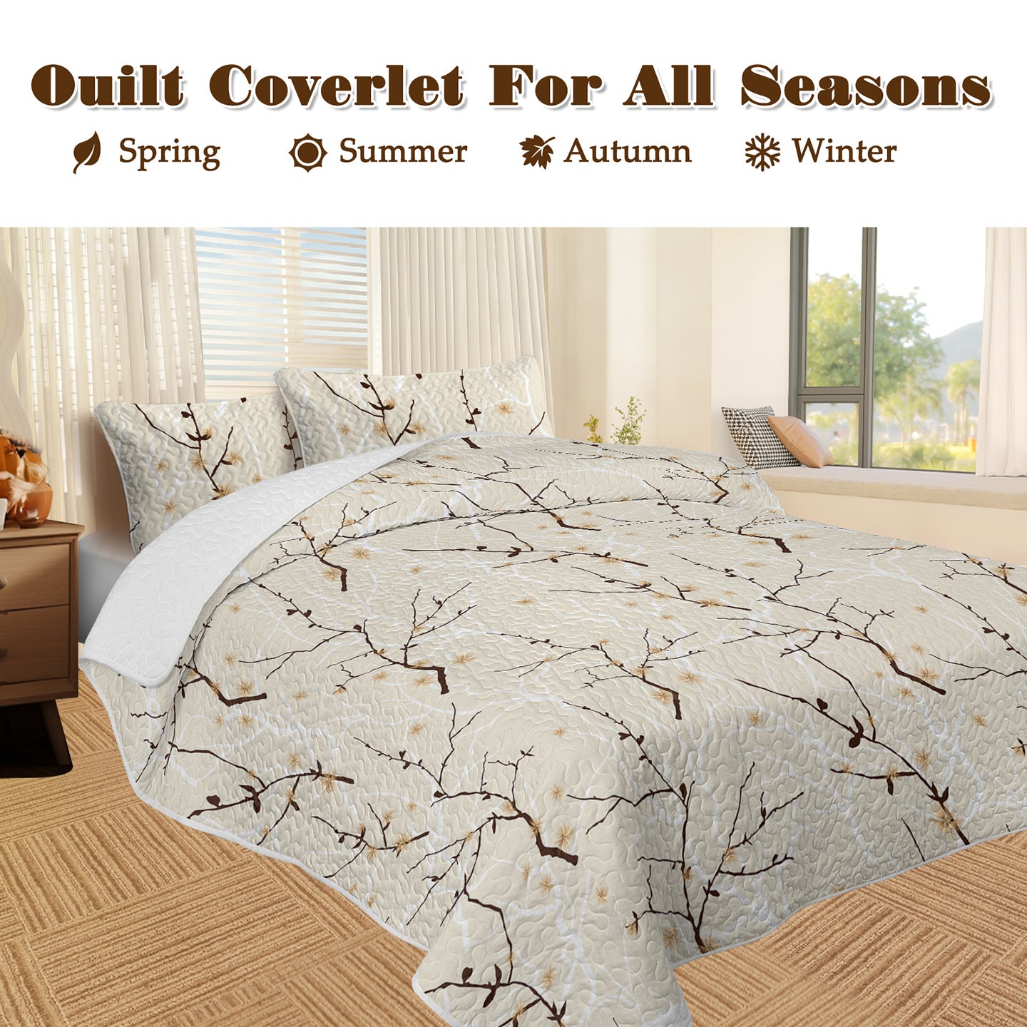 3pcs Minimalist Tree Branch Patterned Blankets Suitable For All Seasons, Including Flower And Autumn Leaf Bedding Sets W