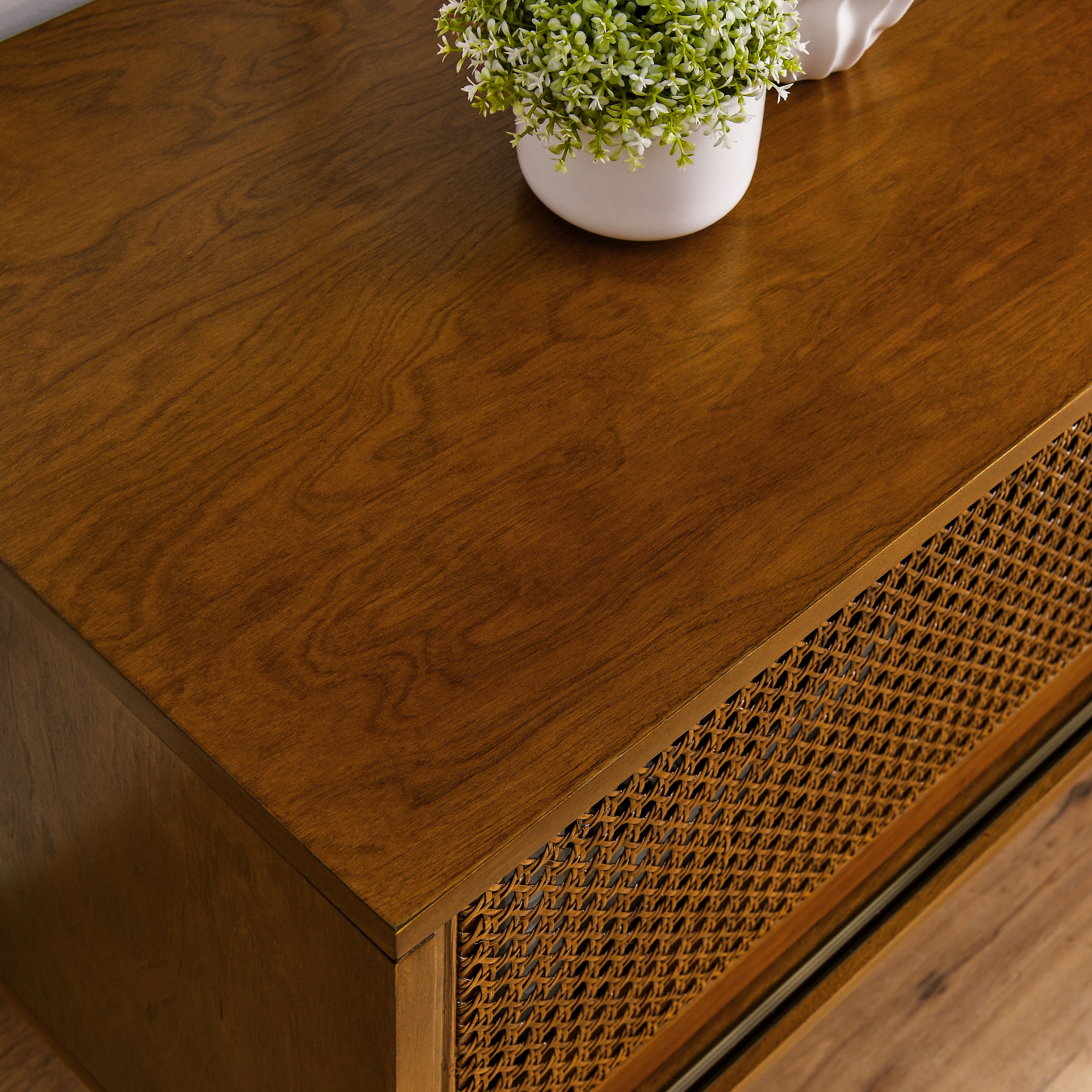 59 Inch Mid Century Modern Rattan TV Stand For 65 Inch TV, Entertainment Cabinet, Media Console For Living Room Media Room, Solid Wood Feet & Rattan Cabinet Doors - Light Wood