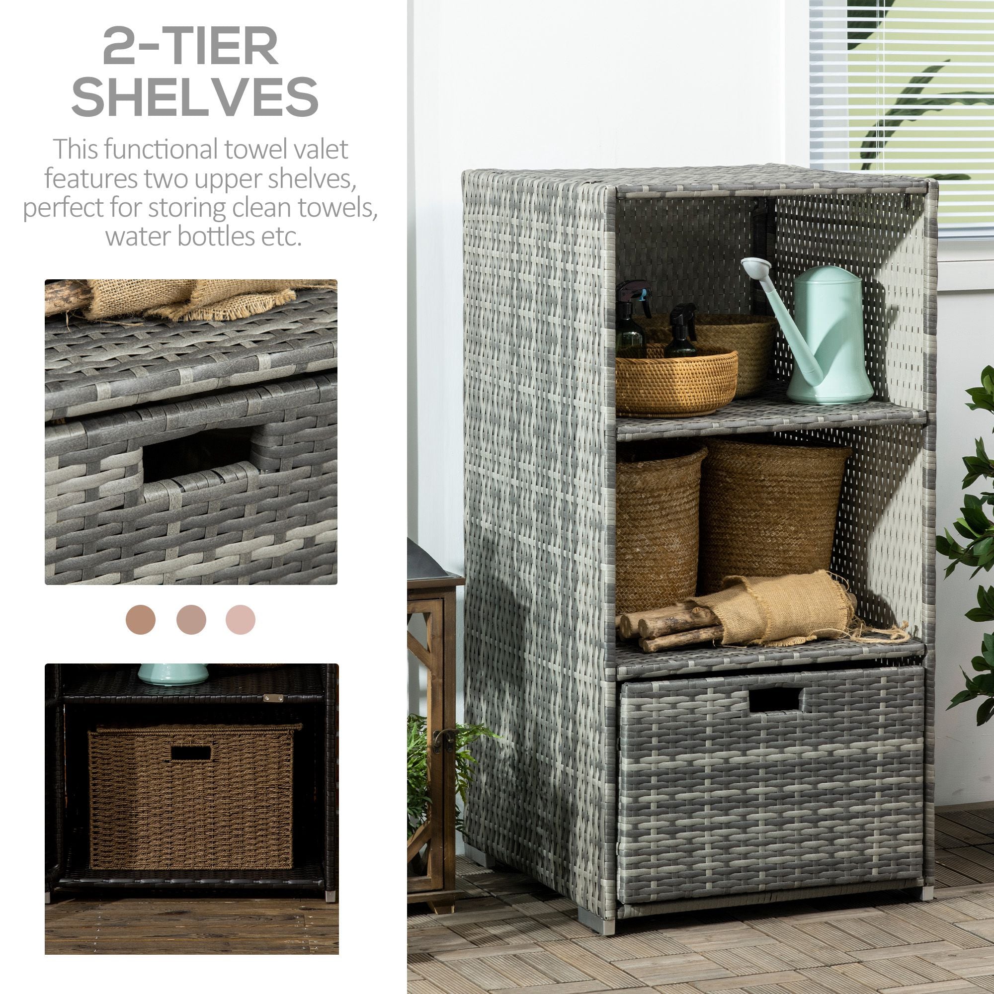 Valet Pool Towel Rack, Waterproof PE Plastic Rattan Wicker Storage Organizer, Indoor Outdoor Spa, and Hot Tub Accessory
