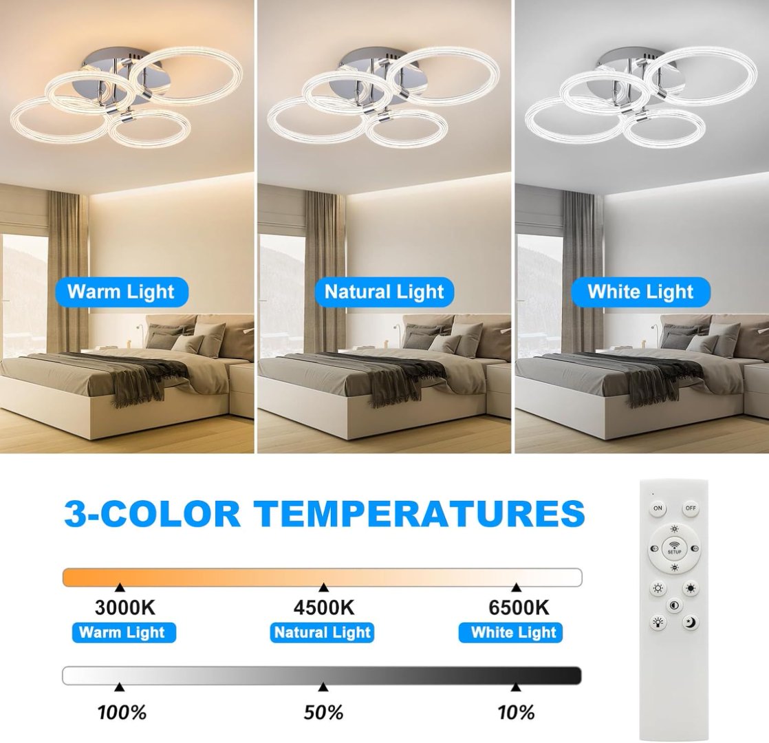 Modern LED Ceiling Light, Flush Mount Ceiling Light With Dimmable Remote Control, 6Rings Acrylic Ceiling Light Fixture F