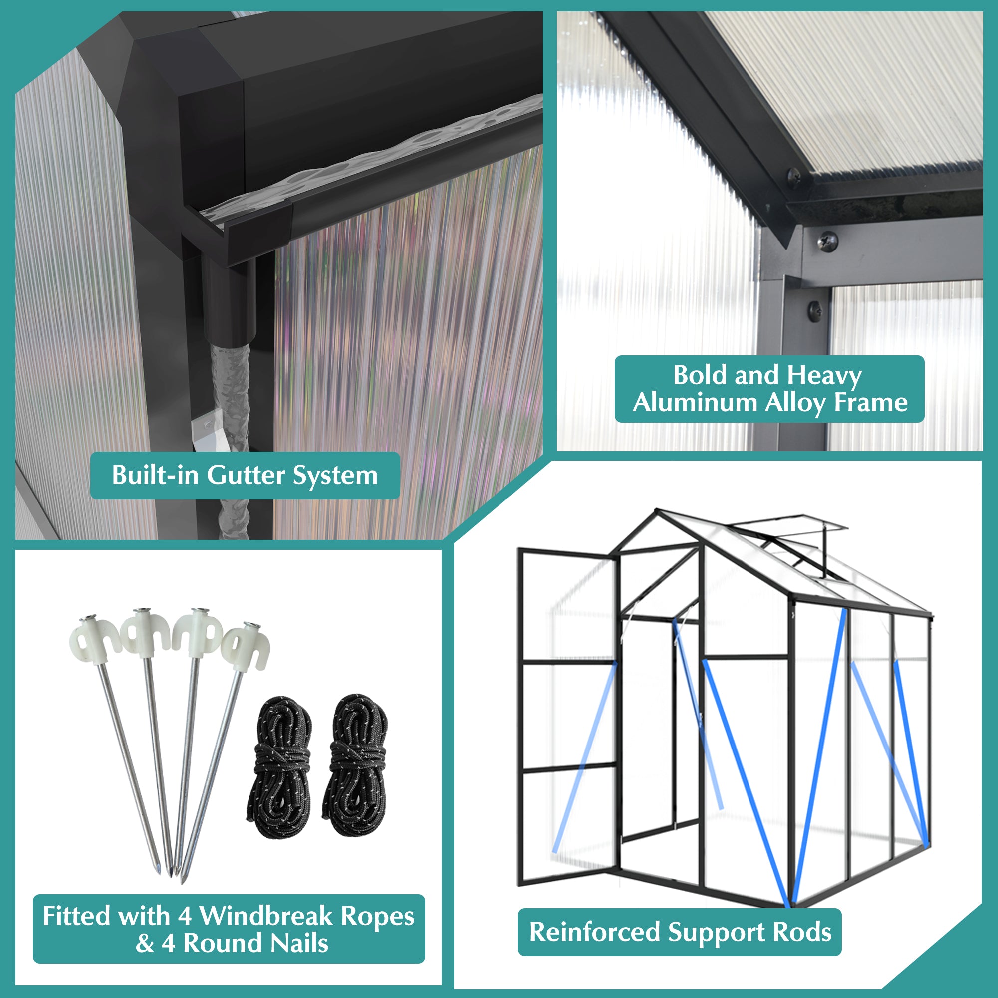 Newly Marketed Gain Height Windproofaluminum Greenhouse 6x6 FT Polycarbonate Greenhouse Raised Base And Anchor Aluminum