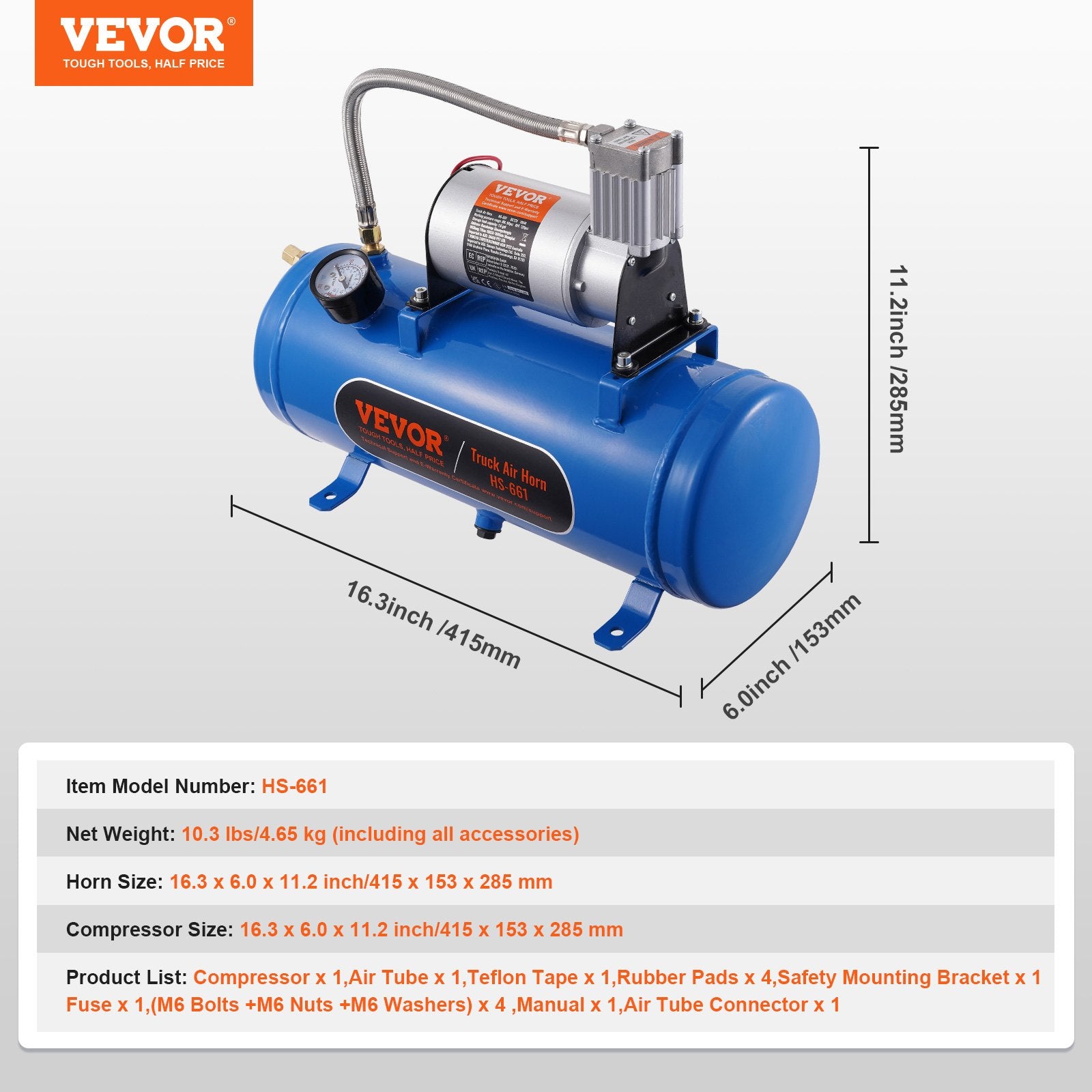 VEVOR 12V Air Compressor With Tank 1.6 Gallon 6 L, Train Horn Air Compressor, 120 Psi Working Pressure Onboard Air Compr
