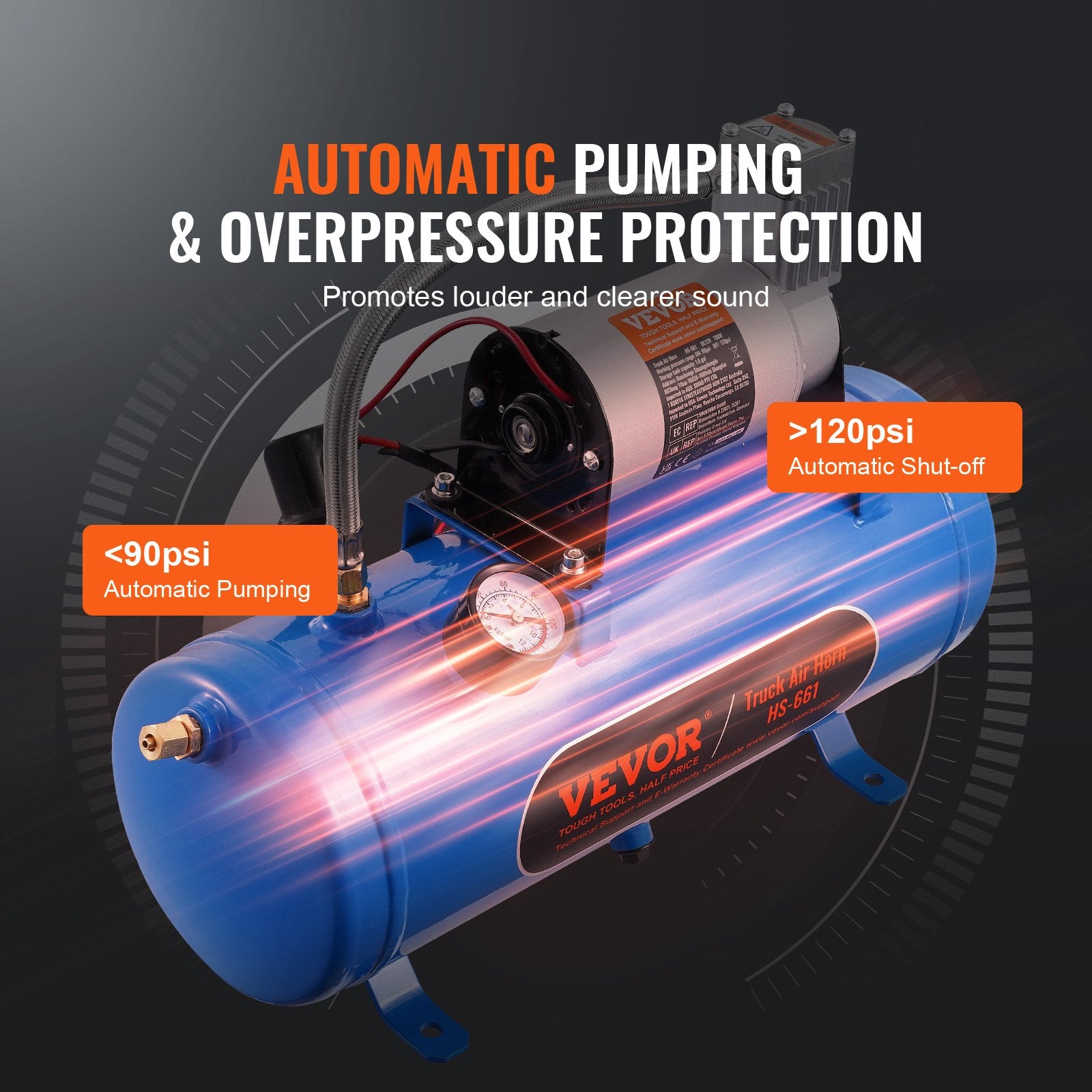 VEVOR 12V Air Compressor With Tank 1.6 Gallon 6 L, Train Horn Air Compressor, 120 Psi Working Pressure Onboard Air Compr