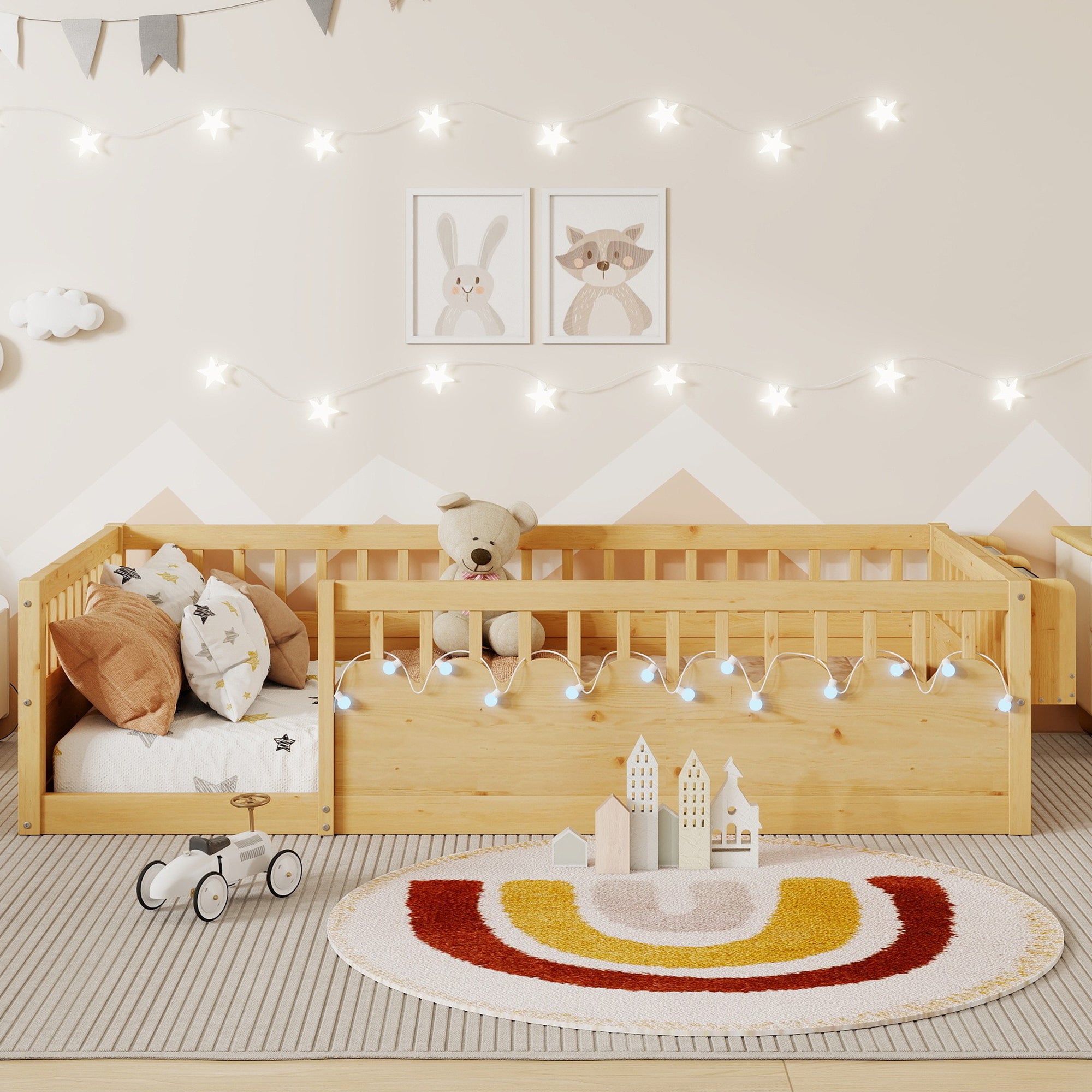 Twin Montessori Floor Bed Frame With High Rails, Wood Kids Floor Beds With Light And Storage Shelf, Natural Expect Arriv