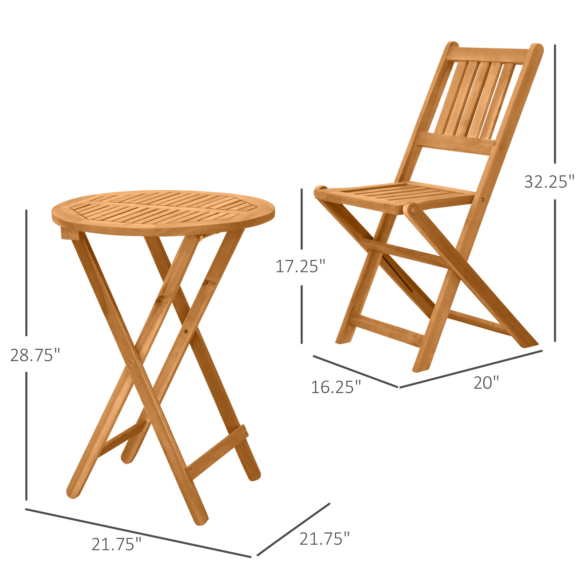 3-Piece Acacia Wood Bistro Set, Folding Patio Furniture with 2 Folding Chairs and Round Coffee Table, Teak, Slatted Fini
