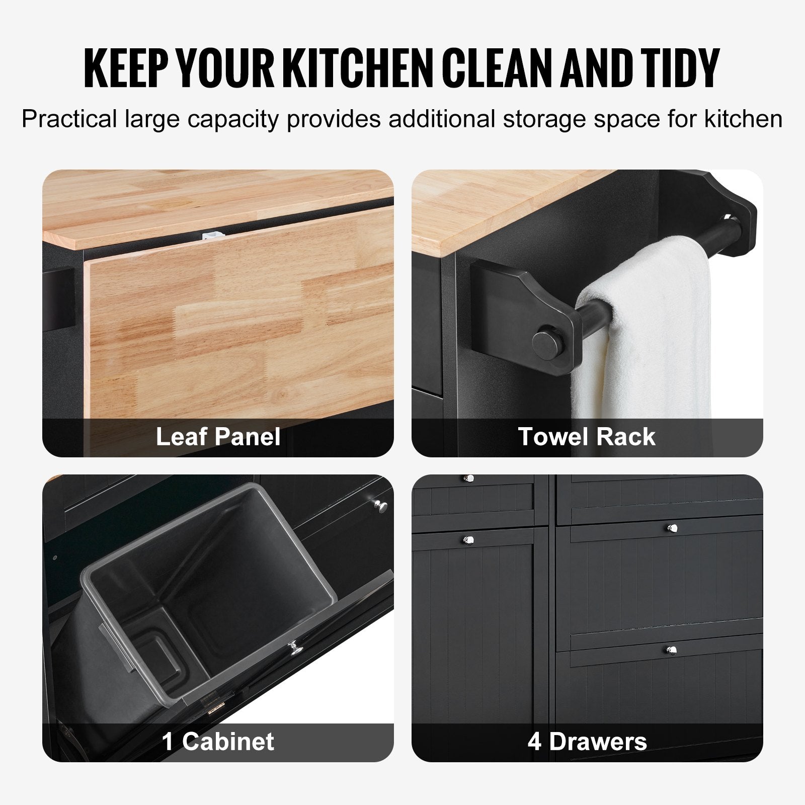 Kitchen Island Cart Storage Cabinet Serving With Drawer & Trash Cabinet