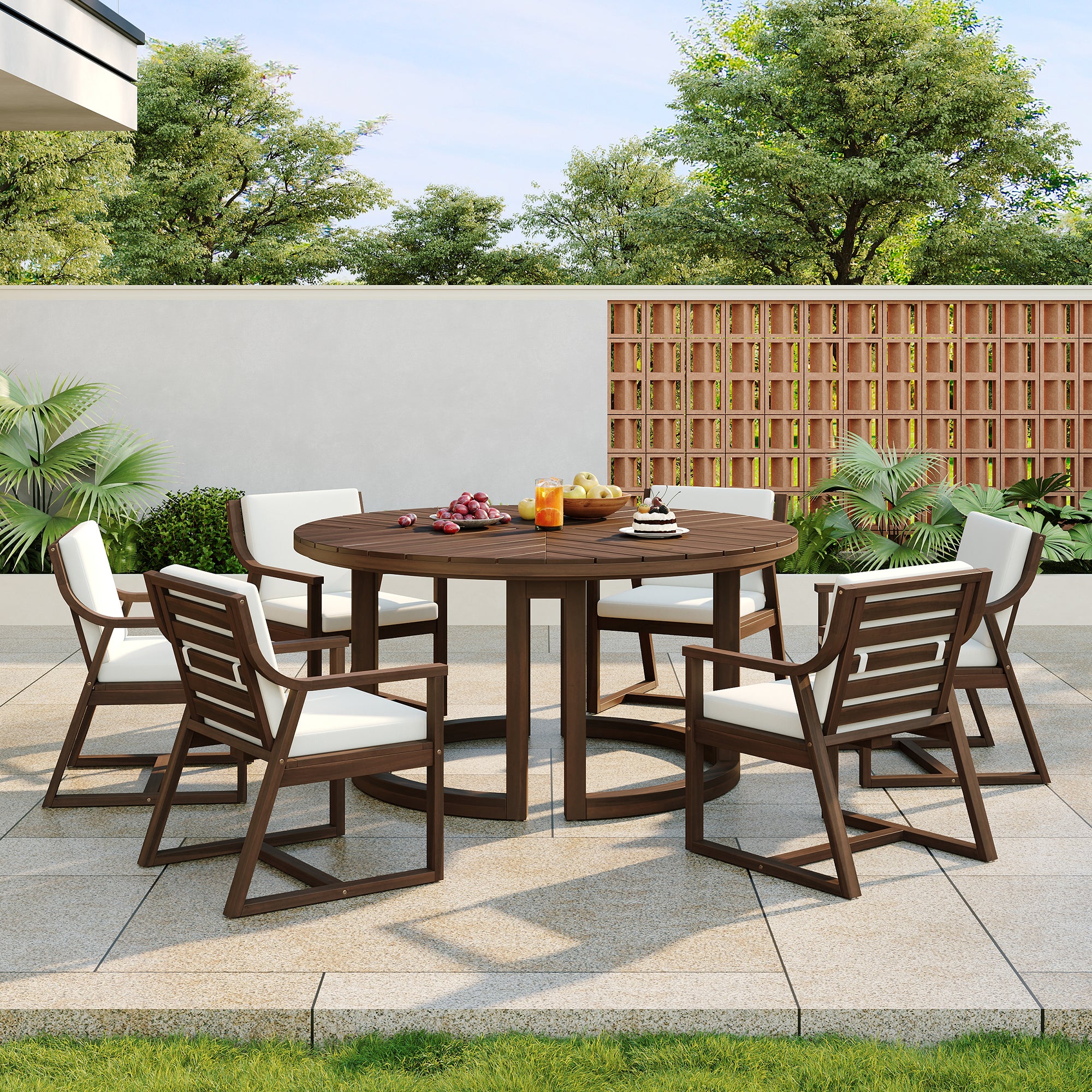 TREXM Patio Dining Table Set For 6  Round Dining Table With 1.96 Umbrella Hole  Outdoor Wooden Patio Furniture Set With Removable Cushions For Garden  Backyard And Pools  Mocha Beige Cushion