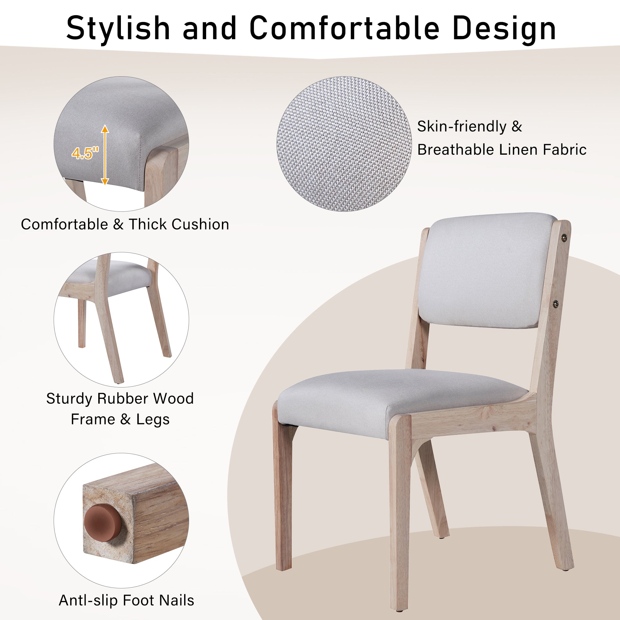 Wood Dining Chairs Set of 2, Modern Farmhouse Accent Chairs with Solid Wood Legs and Padded Seat, Modern Linen Kitchen &