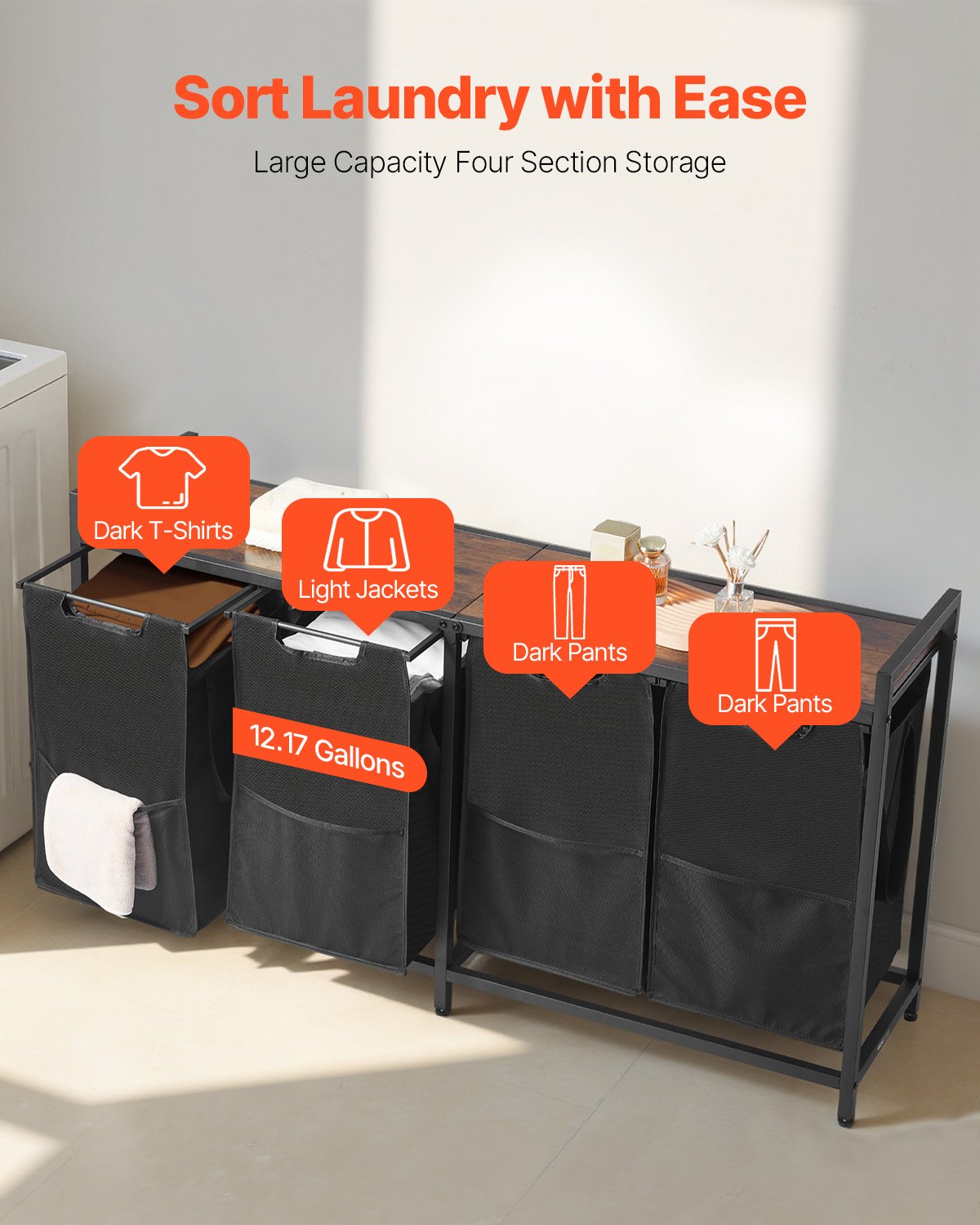 4 Section Laundry Sorter, Large Laundry Hamper With Metal Frame And Wooden Tabletop, Freestanding Storage Organizer Bask