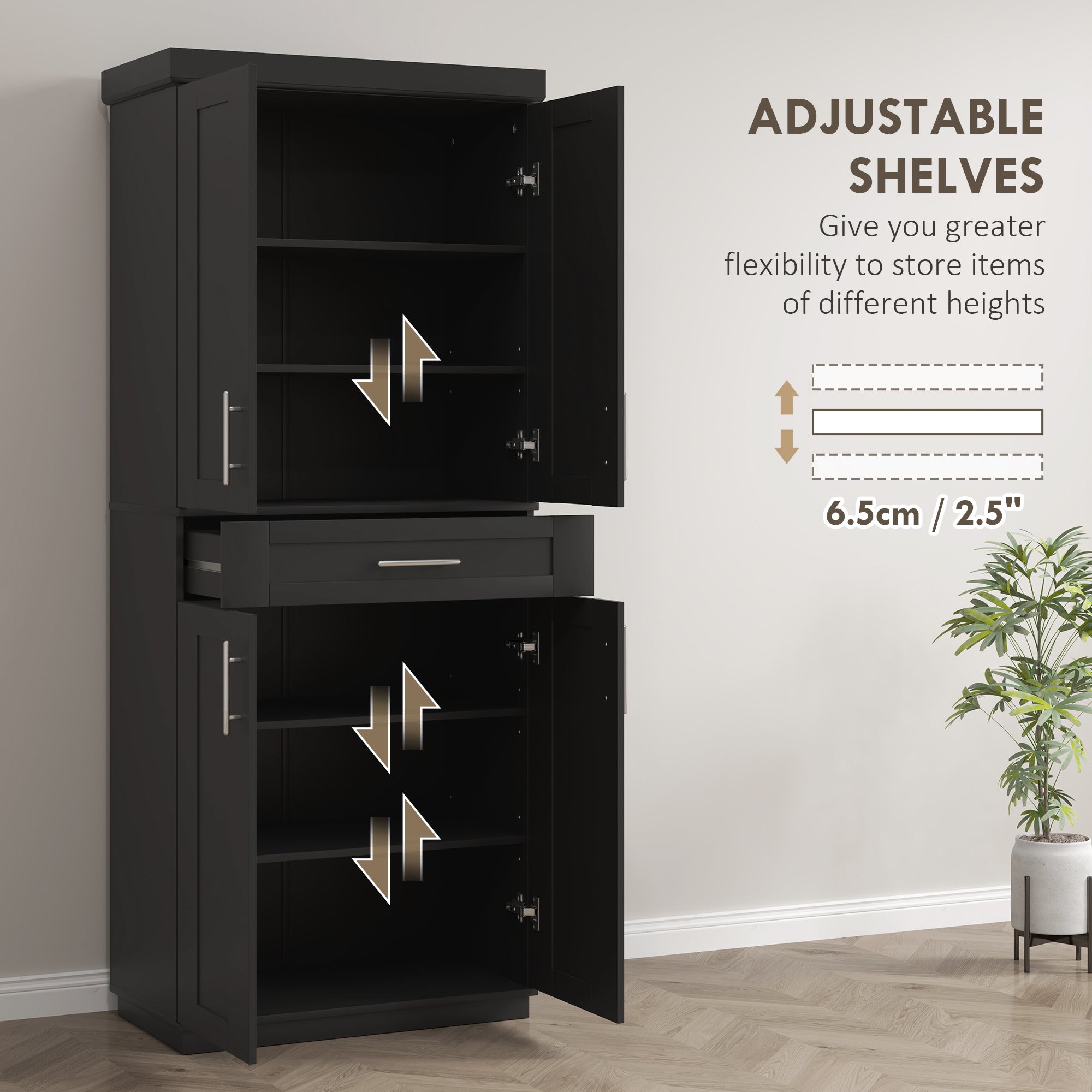 Modern Kitchen Pantry Freestanding Cabinet Cupboard with Doors and Drawer, Adjustable Shelving, Black