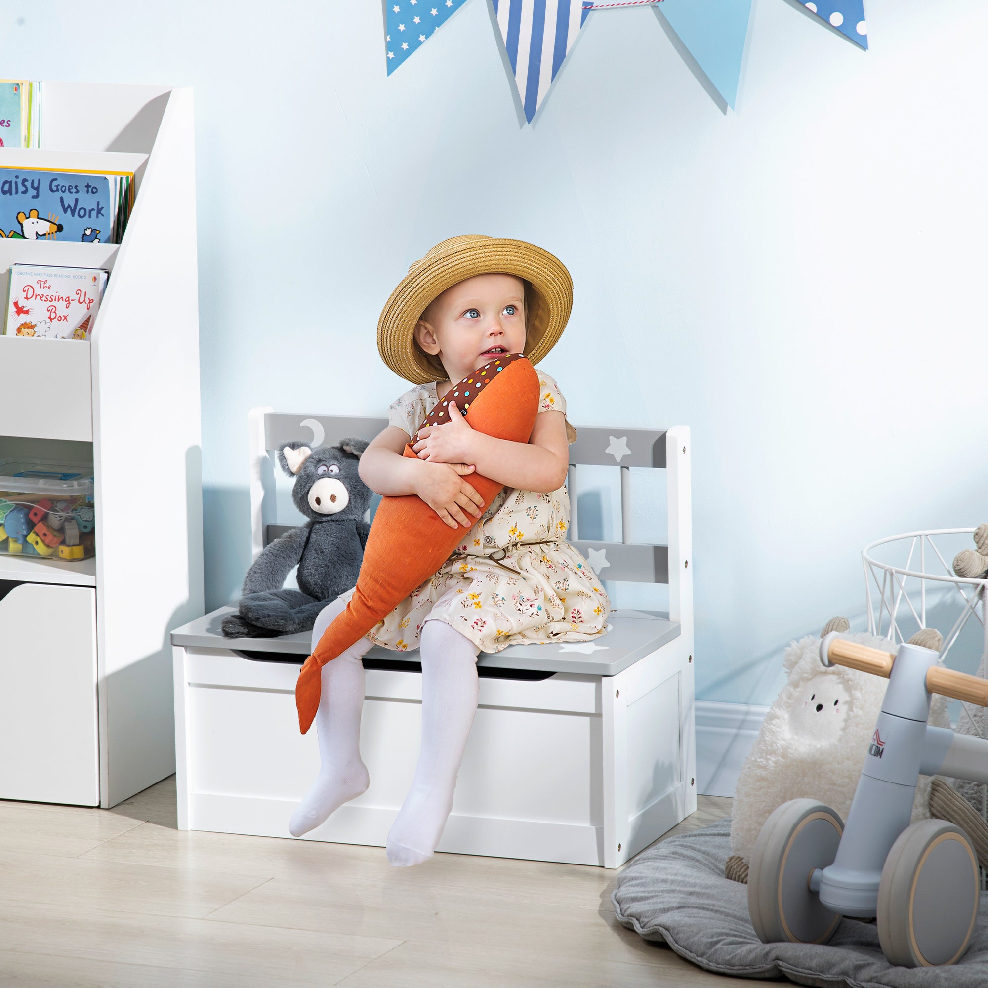 Toddler Toy Box Storage Bench with Large 27 Liter Interior, Kids Storage Bench Seat with Storage for Toddler Playroom Fu