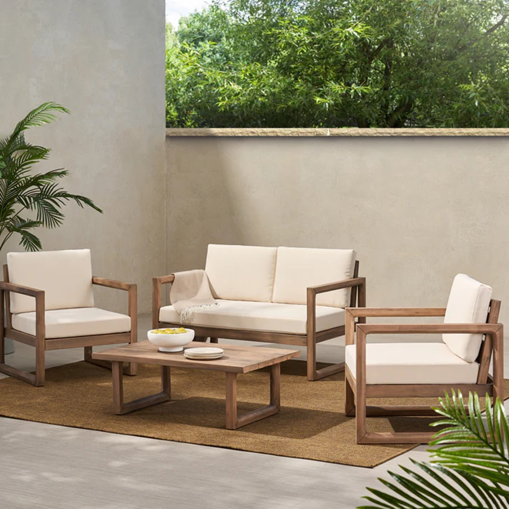 4-Pieces Acacia Wood Patio Furniture Set, Outdoor Furniture With Coffee Table, Patio Conversation Set Deep Seating With