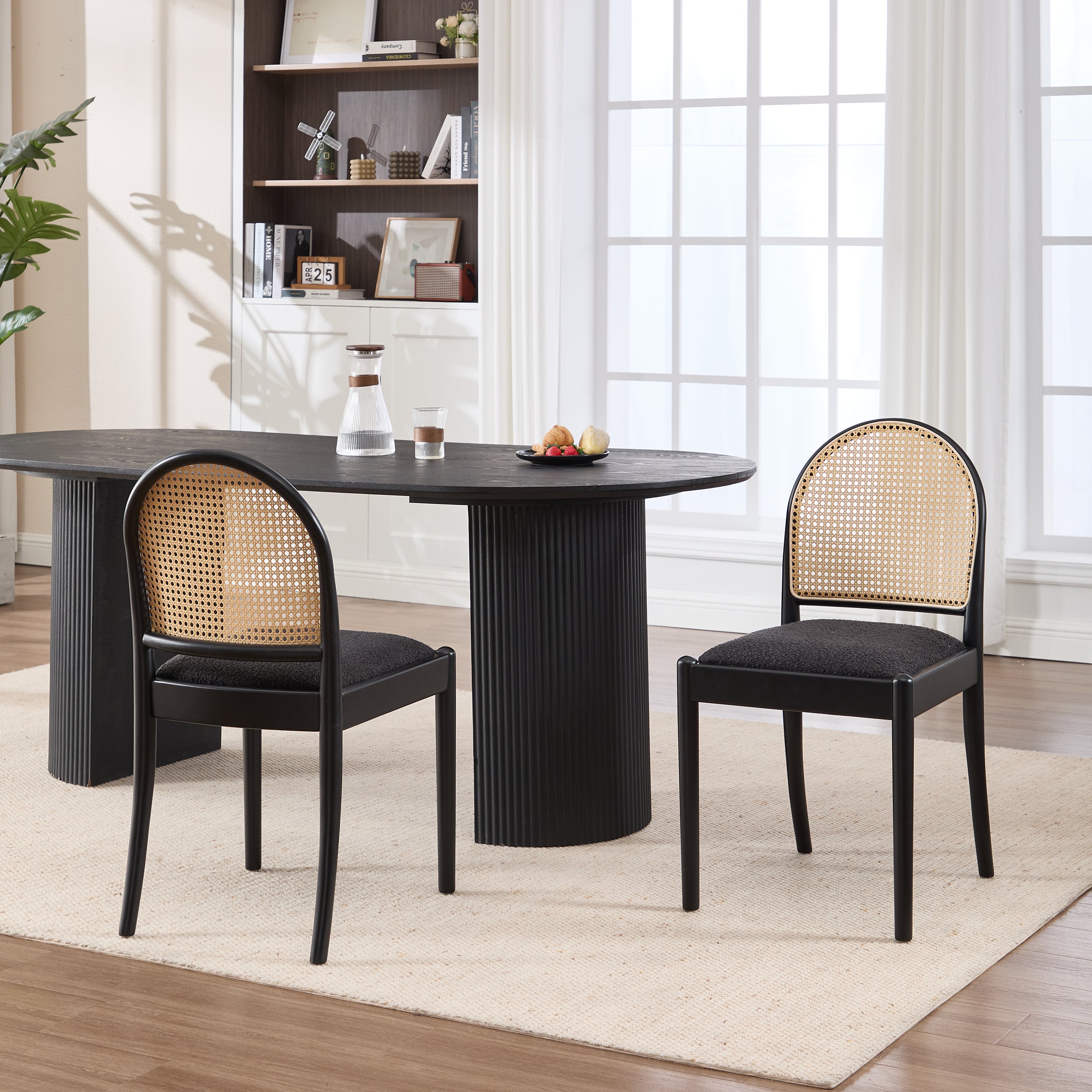 Rattan Dining Chairs Set of 2, Upholstered Linen Dining Room Chairs with Backrests, Modern Kitchen Chairs with Wood Legs
