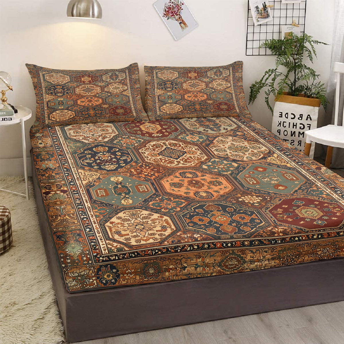 3pcs Retro Bohemian Geometric Style Minimalist Comfort Series Bed Fitted Sheet And Two Pillowcases Bedding For All Seaso