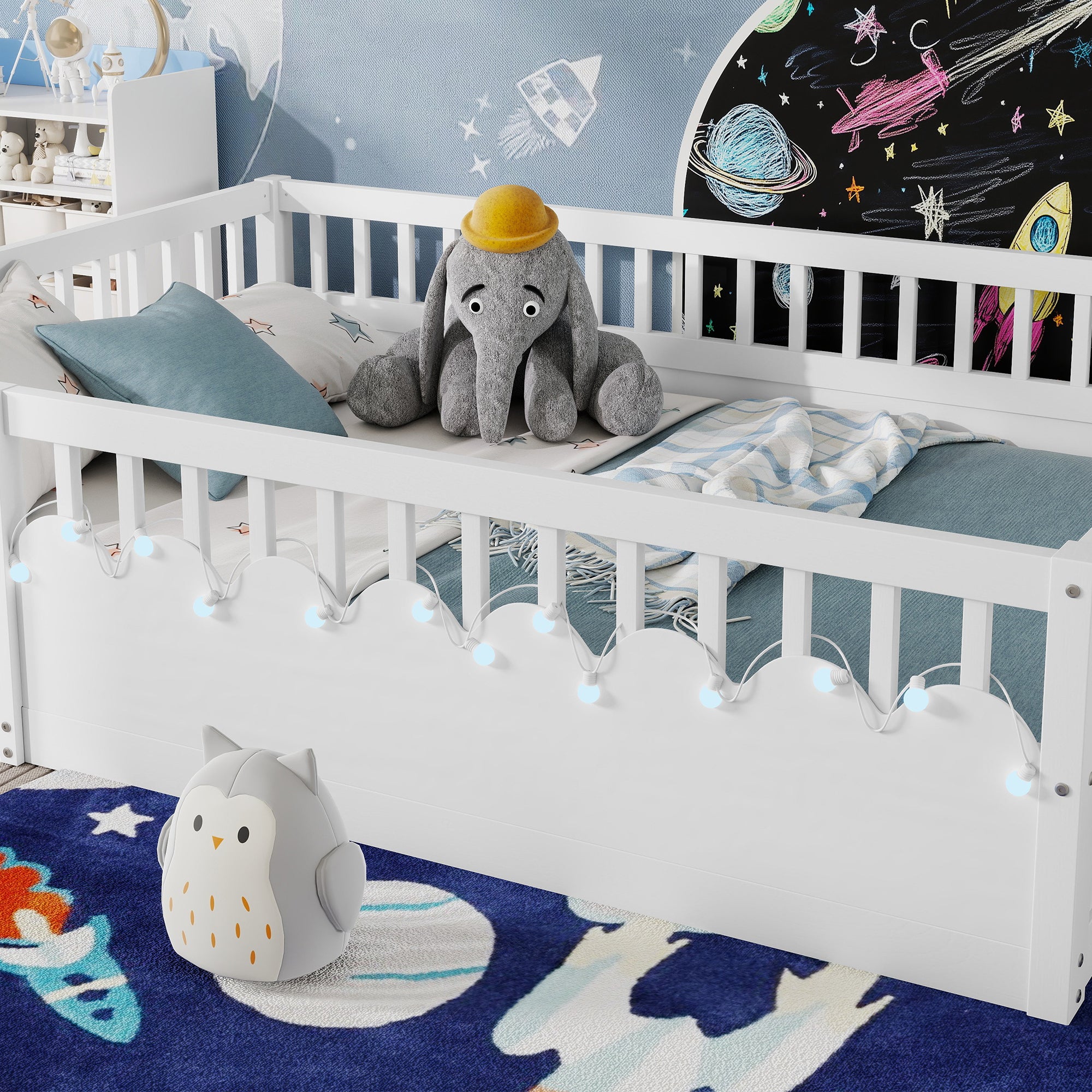 Full Montessori Floor Bed Frame With High Rails, Wood Kids Floor Beds With Light And Storage Shelf, White Expect Arrival