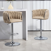 360 Fabric Cover Swivel Bar Stools Set Of 2, Adjustable Counter Height Bar Chairs With Woven Back & Footrest, Silver Chr