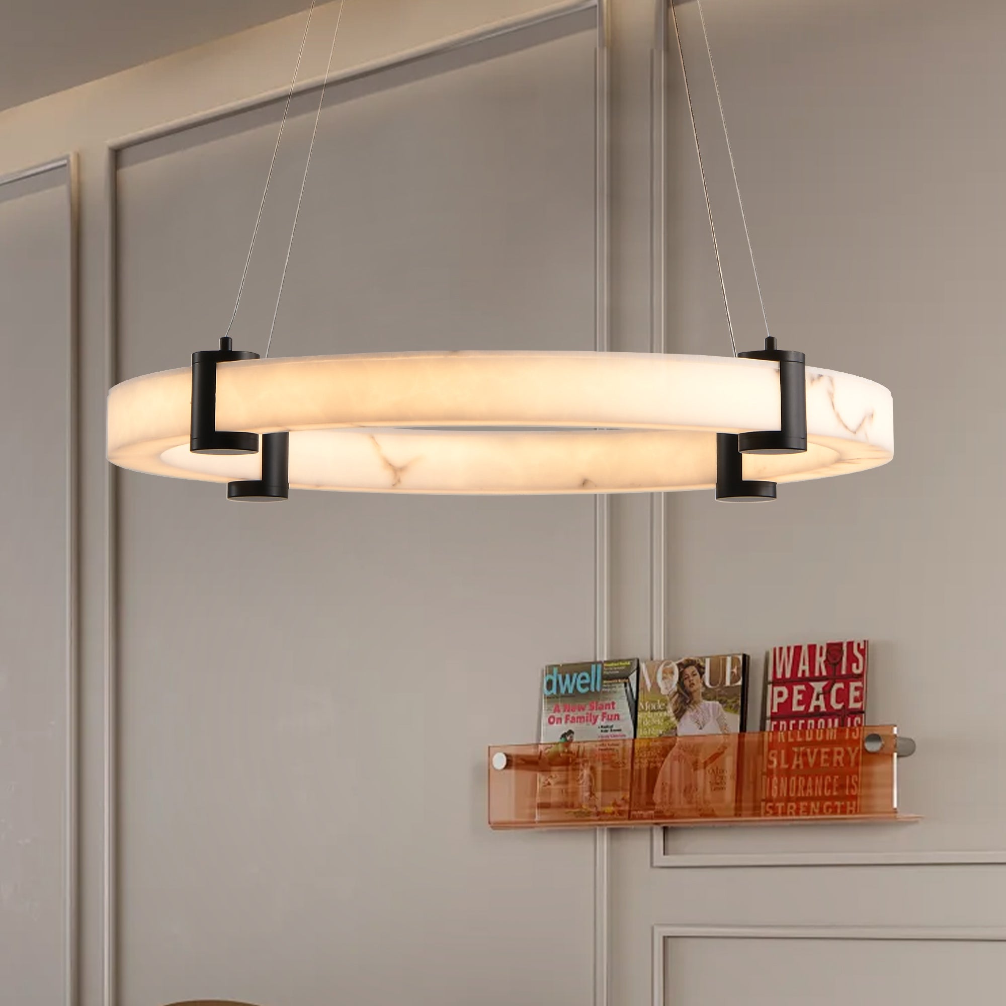 Modern LED Pendant Light, 24-Inch Round Hanging Chandelier With Adjustable Height, Marble Finish Resin Ring Ceiling Ligh