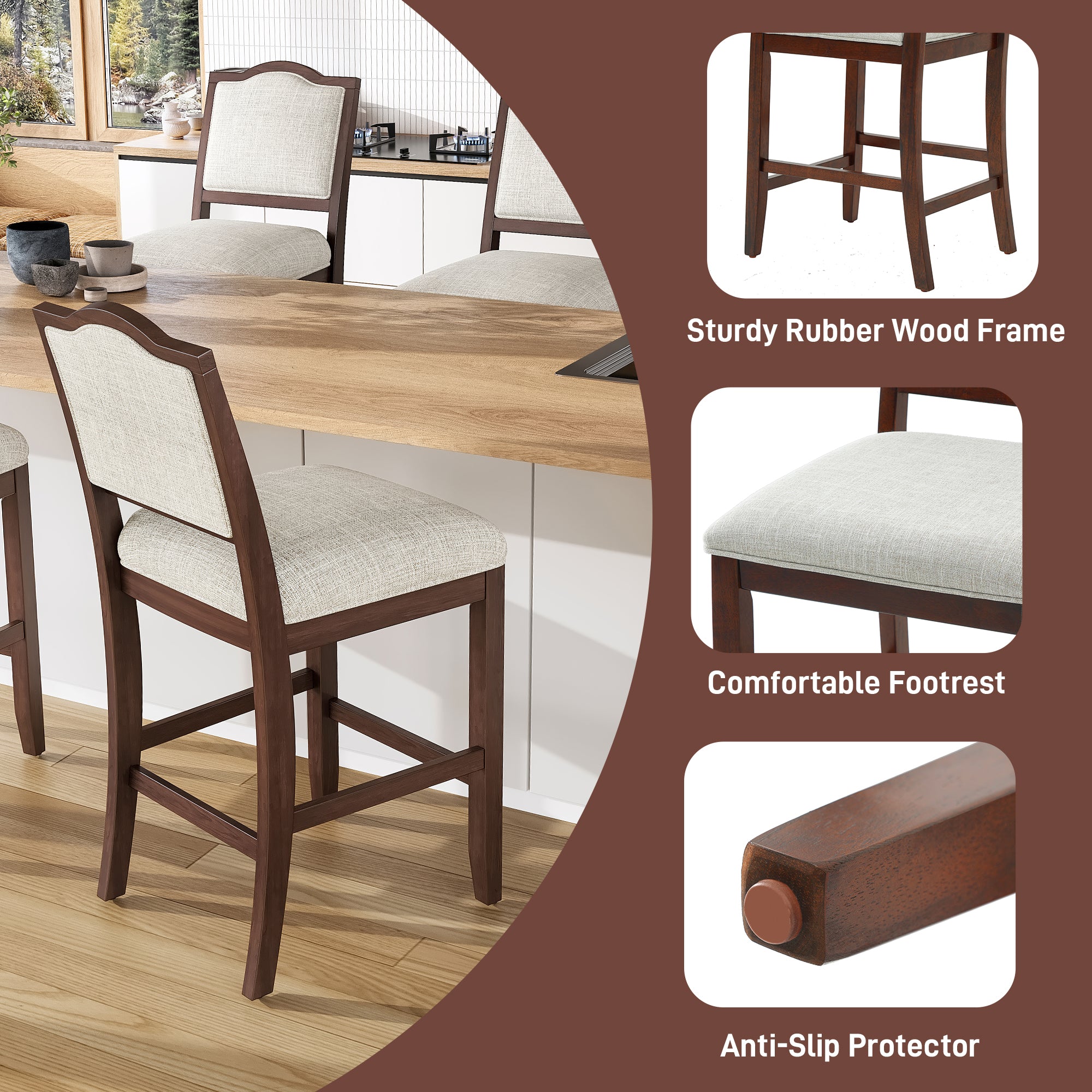 Counter Height Bar Stools Set Of 2 - Rustic 2 Pack Bar Stools With Rubber Wood Frame, Ergonomic Backrest, Versatile For