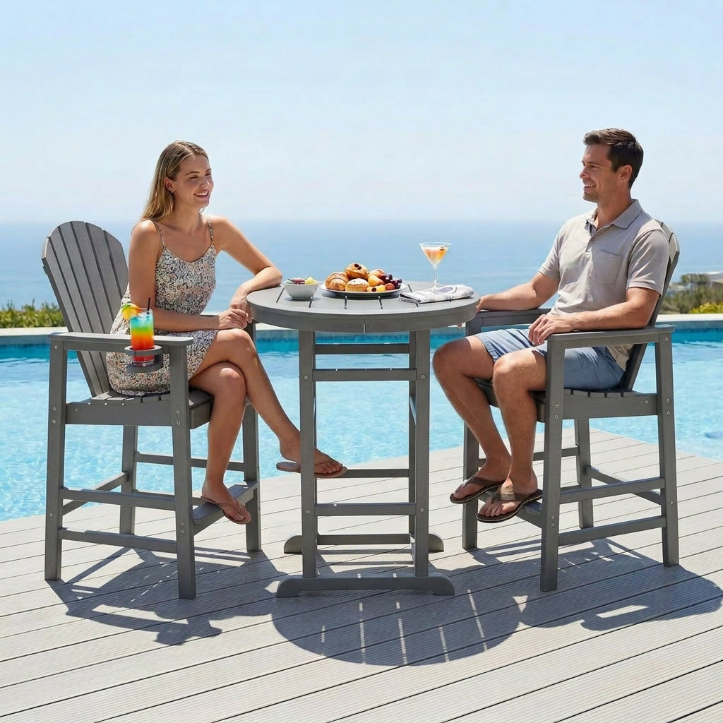3-Piece Gray HDPE Indoor Outdoor Bar Height Bistro Set, 31.1  Round Pub Table With 2 Bar Stools, All-Weather Patio Furni